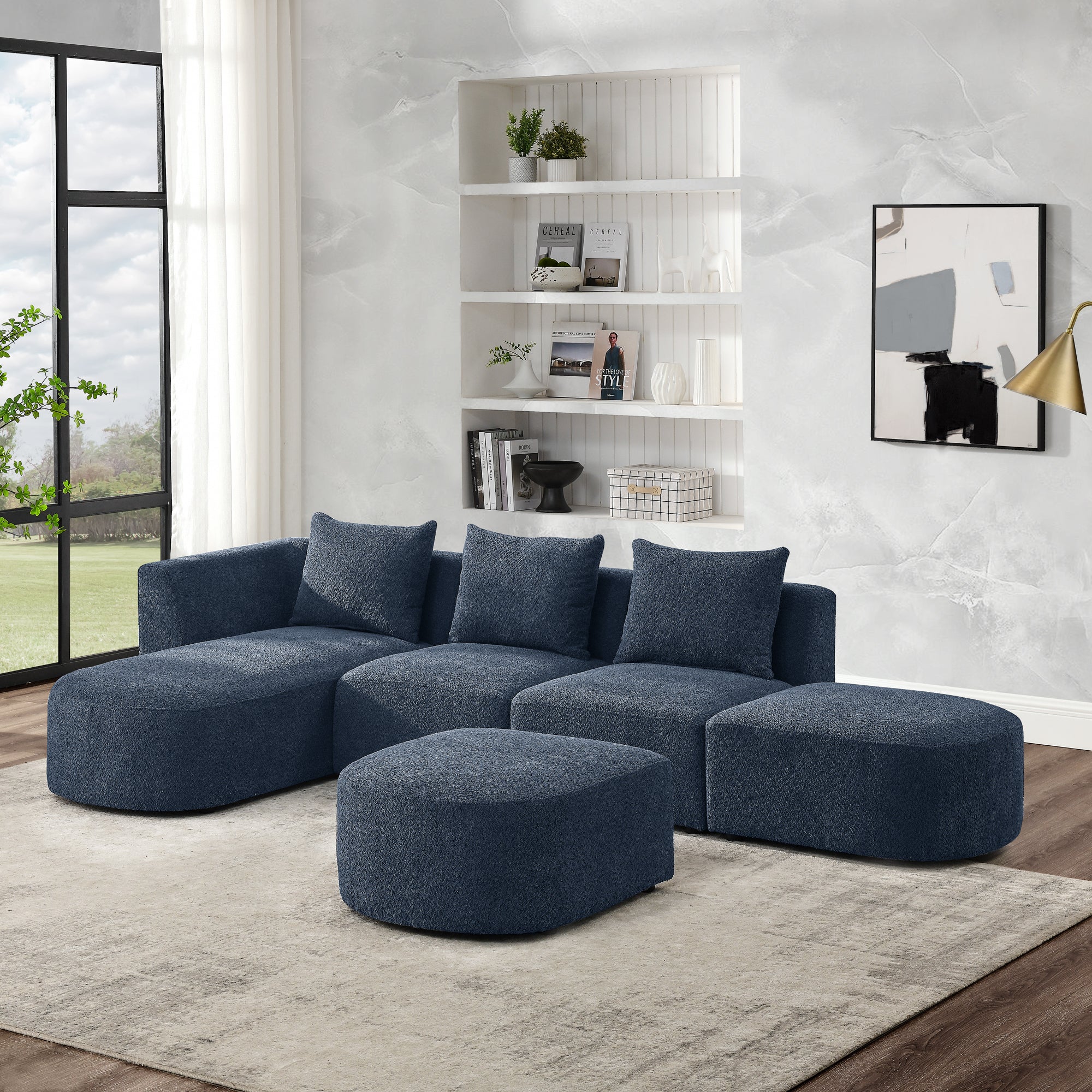 L Shape Sectional Sofa Including Two Single Seats, Left Side Chaise And Two Ottomans, Modular Sofa, Diy Combination, Loop Yarn Fabric, Navy Navy Polyester Wood Medium Soft Tight Back Eucalyptus Square Arms Polyester 5 Seat