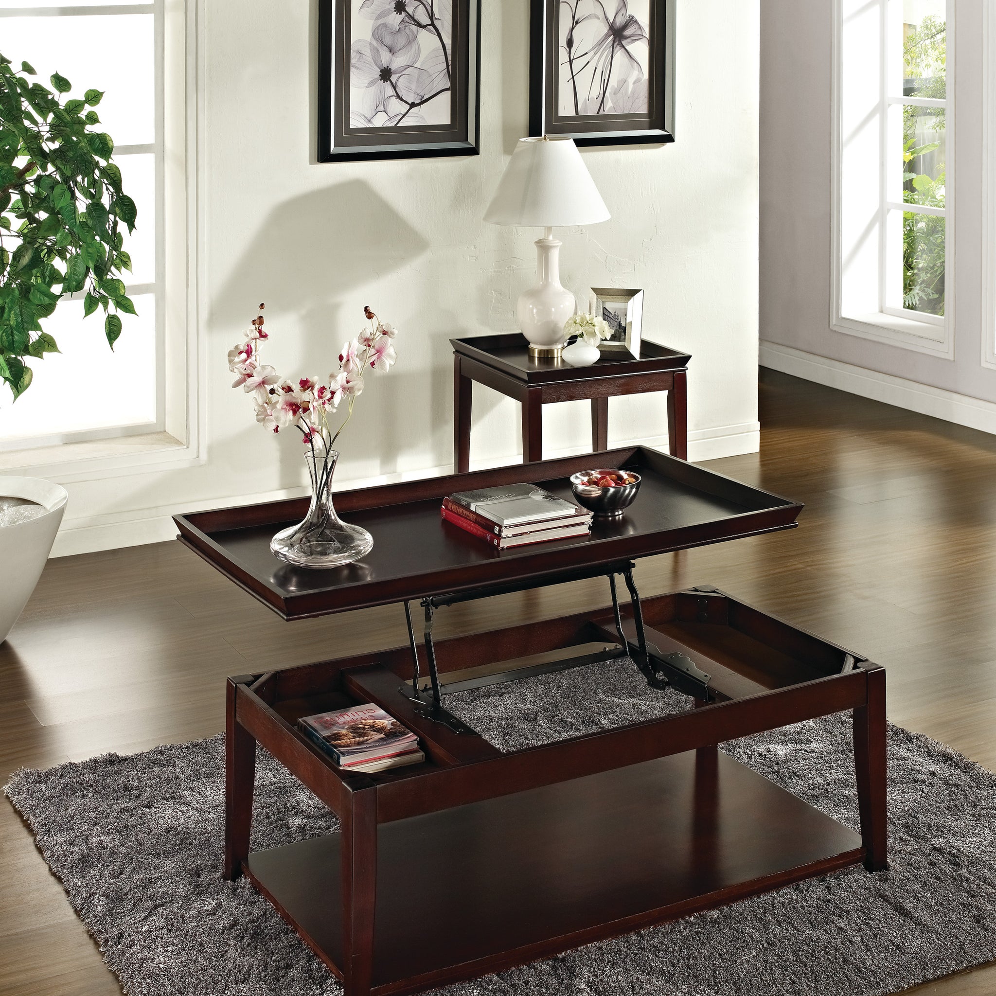 Versatile Lift Top Cocktail Table Hardwood Solids, Birch Veneer, Merlot Cherry Finish Hidden Storage, Mobility Casters, Bottom Shelf Brown Solid Wood Mdf