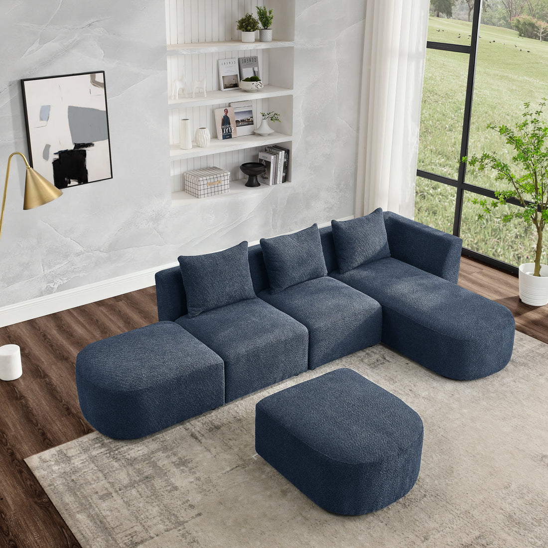L Shape Sectional Sofa With Right Side Chaise And Ottoman, Modular Sofa, Diy Combination, Loop Yarn Fabric, Navy Navy Polyester Wood Tight Back Eucalyptus Square Arms Polyester 5 Seat