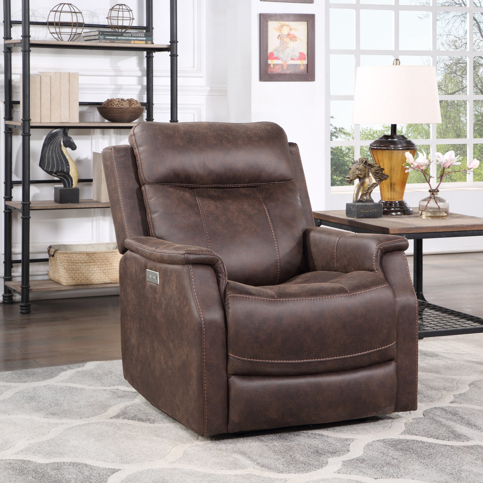 Compact Dual Power Recliner Contemporary Styling, Walnut Power Footrest, Power Headrest, Usb Charging Walnut Foam Fabric