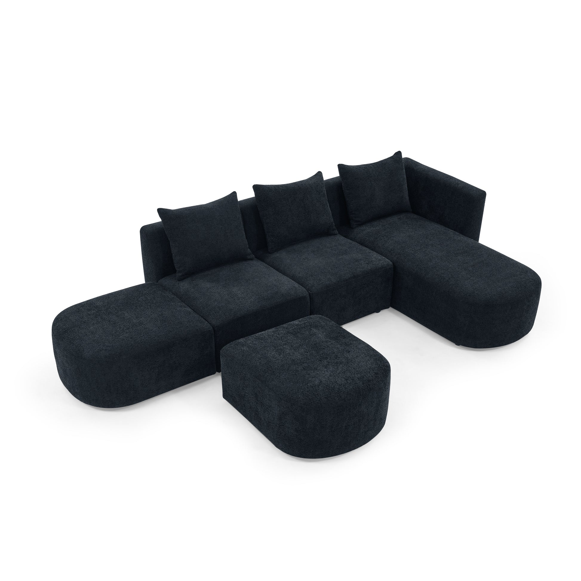 L Shape Sectional Sofa With Right Side Chaise And Ottoman, Modular Sofa, Diy Combination, Loop Yarn Fabric, Black Black Polyester Wood Tight Back Eucalyptus Square Arms Polyester 5 Seat