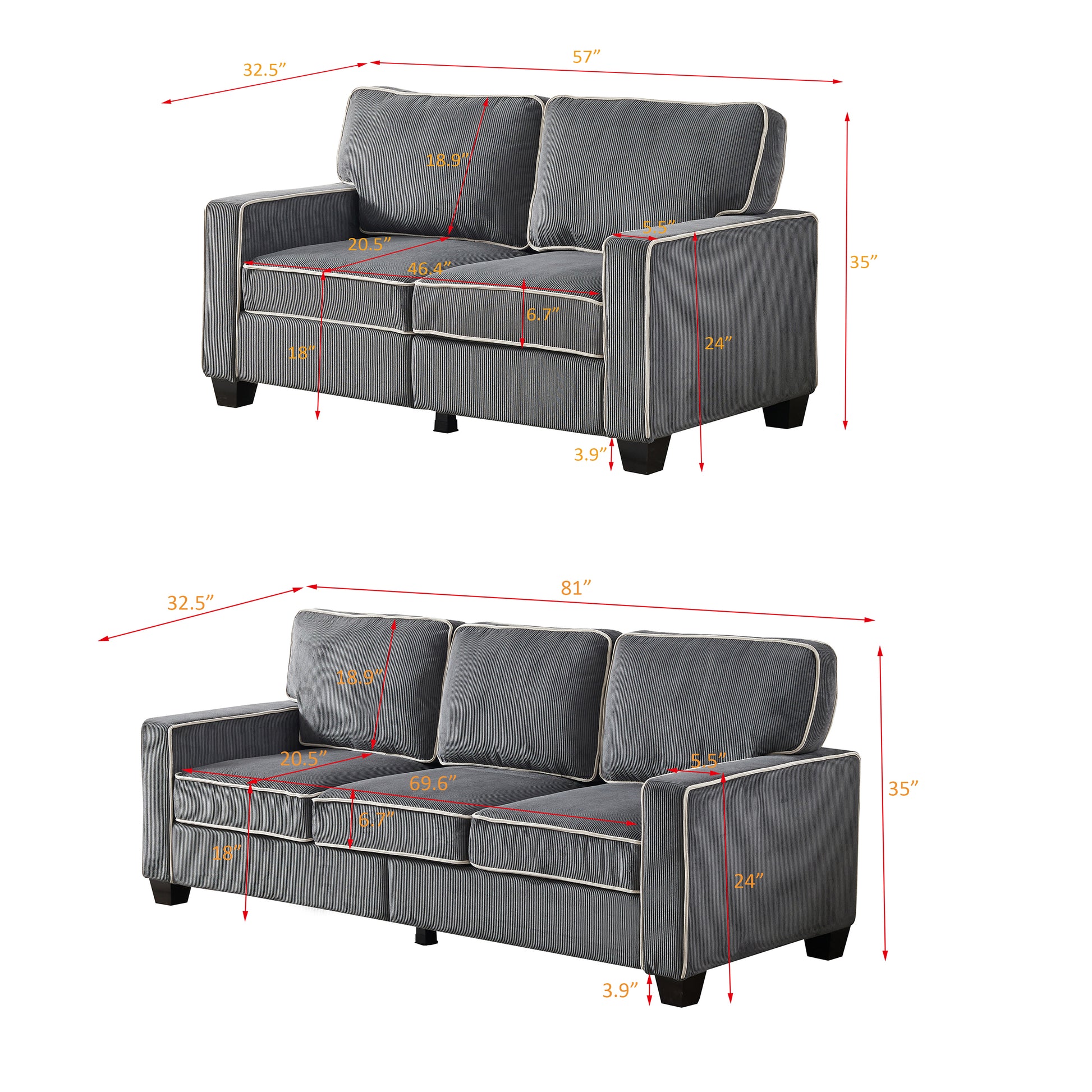 Living Room Sofa Set 2 3 Seat Dark Grey Corduroy Dark Grey Foam Corduroy