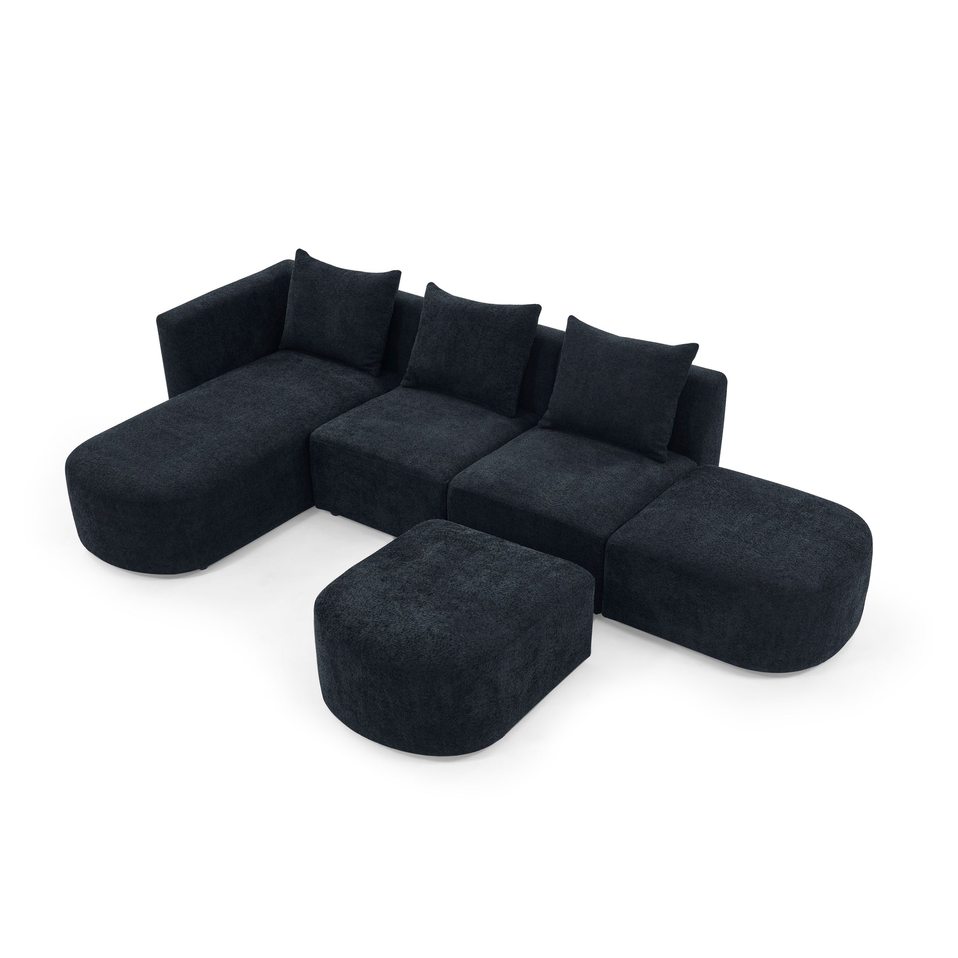 L Shape Sectional Sofa Including Two Single Seats, Left Side Chaise And Two Ottomans, Modular Sofa, Diy Combination, Loop Yarn Fabric, Black Black Polyester Wood Medium Soft Tight Back Eucalyptus Square Arms Polyester 5 Seat