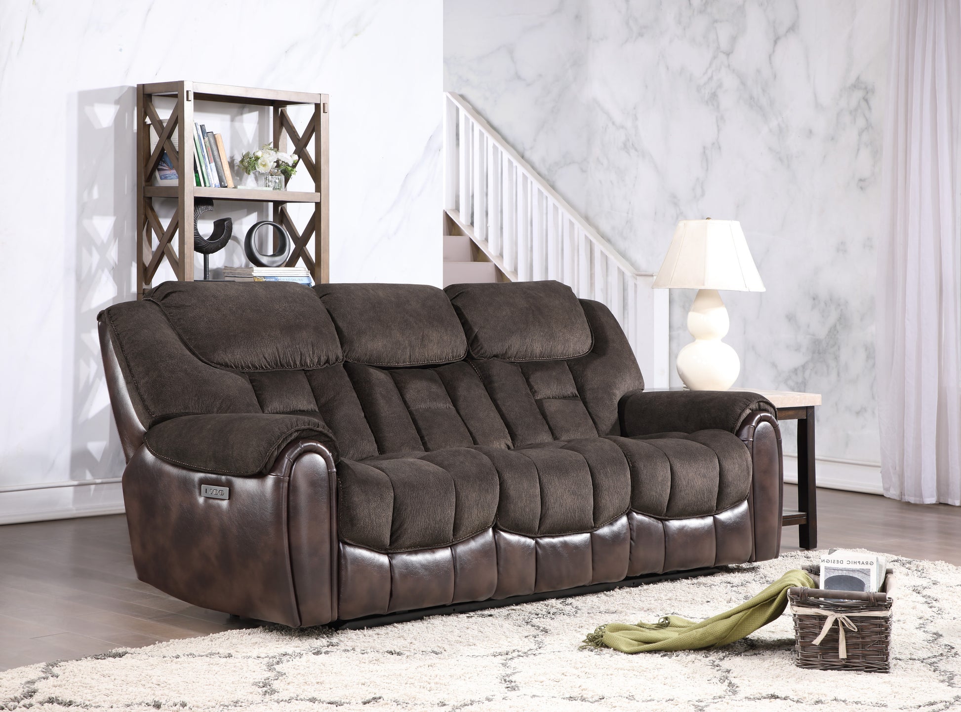 Transitional Dual Power Leather Loveseat Reclining Seats, Top Grain Leather, High Leg Design Compact And Comfortable Espresso Foam Polyester