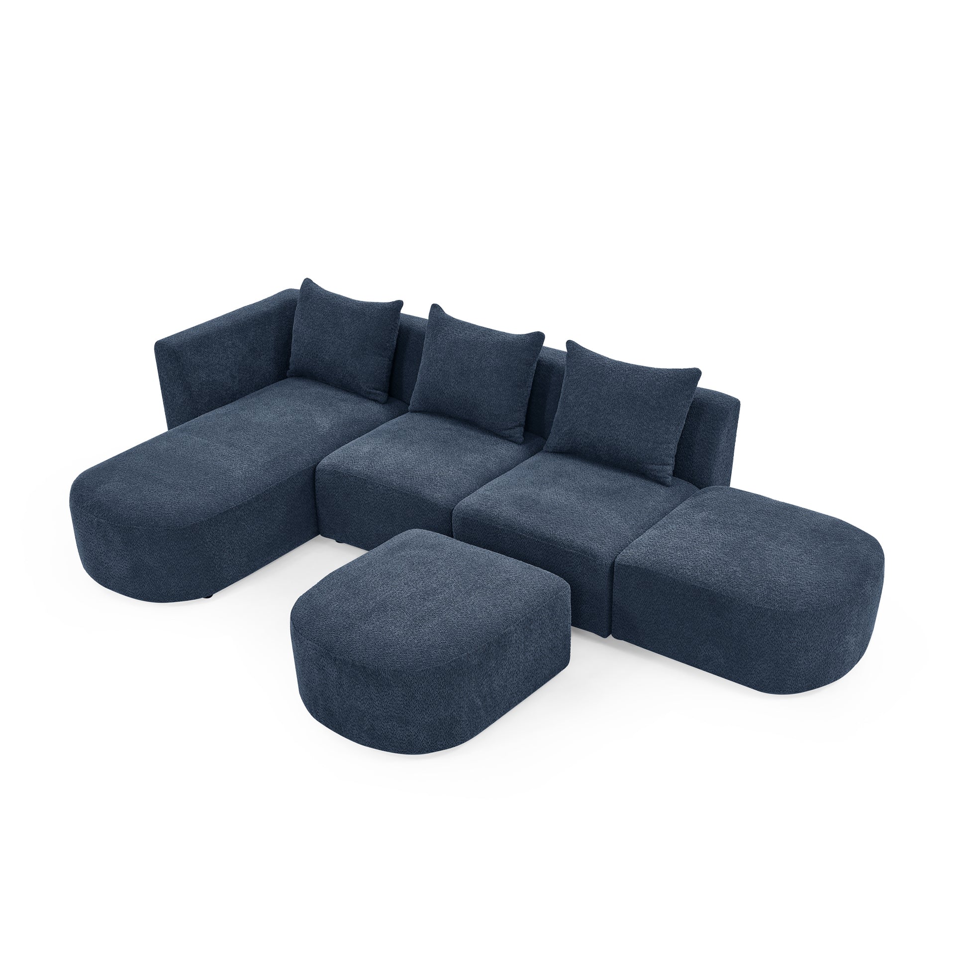 L Shape Sectional Sofa Including Two Single Seats, Left Side Chaise And Two Ottomans, Modular Sofa, Diy Combination, Loop Yarn Fabric, Navy Navy Polyester Wood Medium Soft Tight Back Eucalyptus Square Arms Polyester 5 Seat