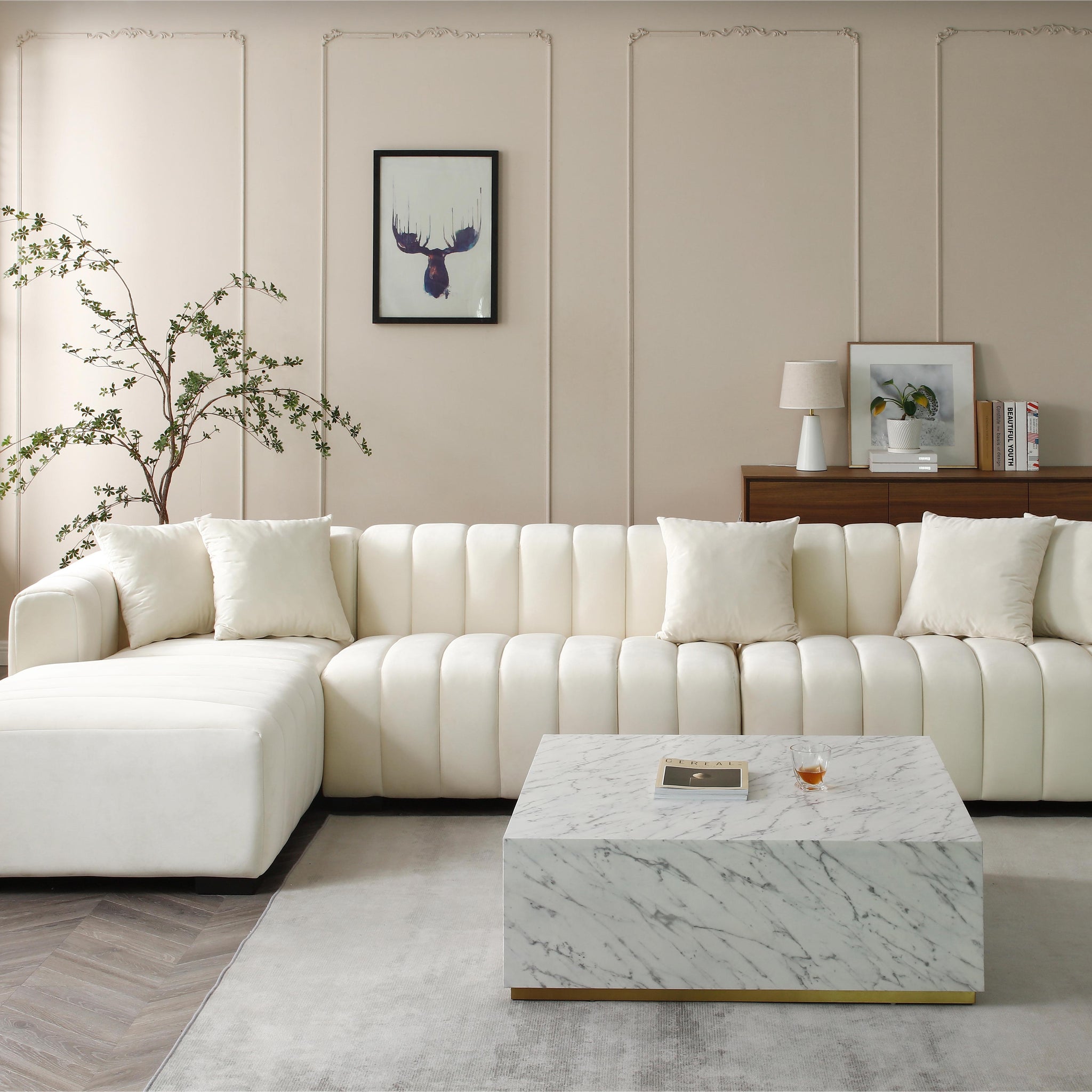 139'' Channel Tufted Sofa Velvet Upholstered Left Chaise Modular Sofa Beige Beige Velvet