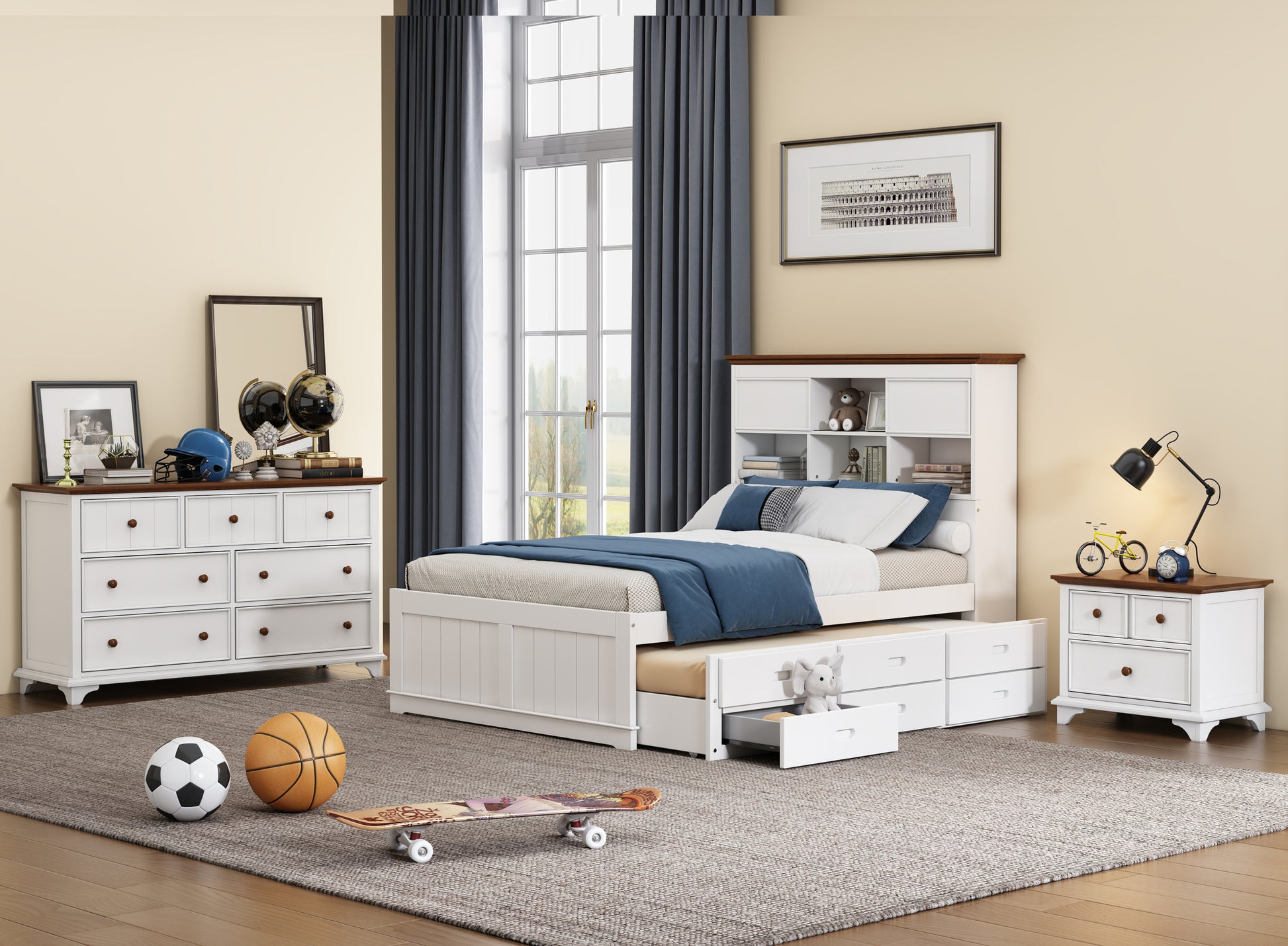 3 Pieces Wooden Captain Bedroom Set Full Bed With Trundle, Nightstand And Dresser, White Walnut White Walnut Wood