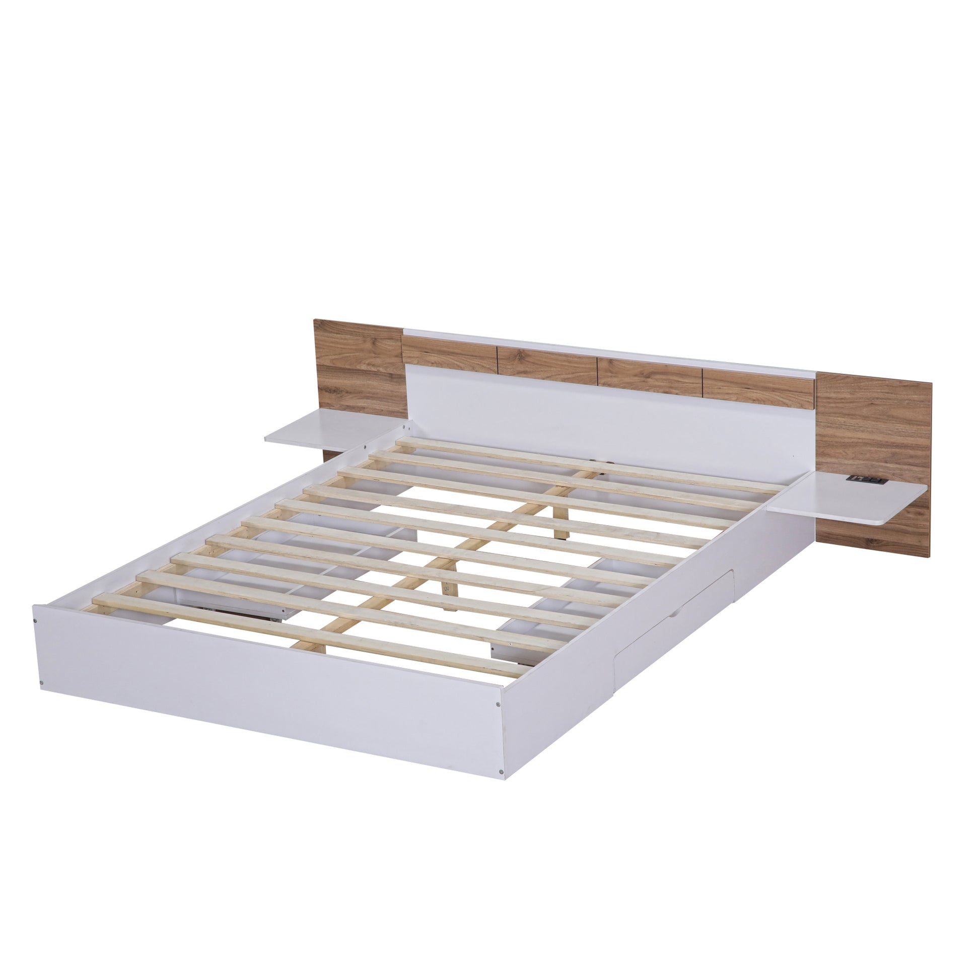 Queen Size Platform Bed With Headboard, Drawers, Shelves, Usb Ports And Sockets, White White Wood