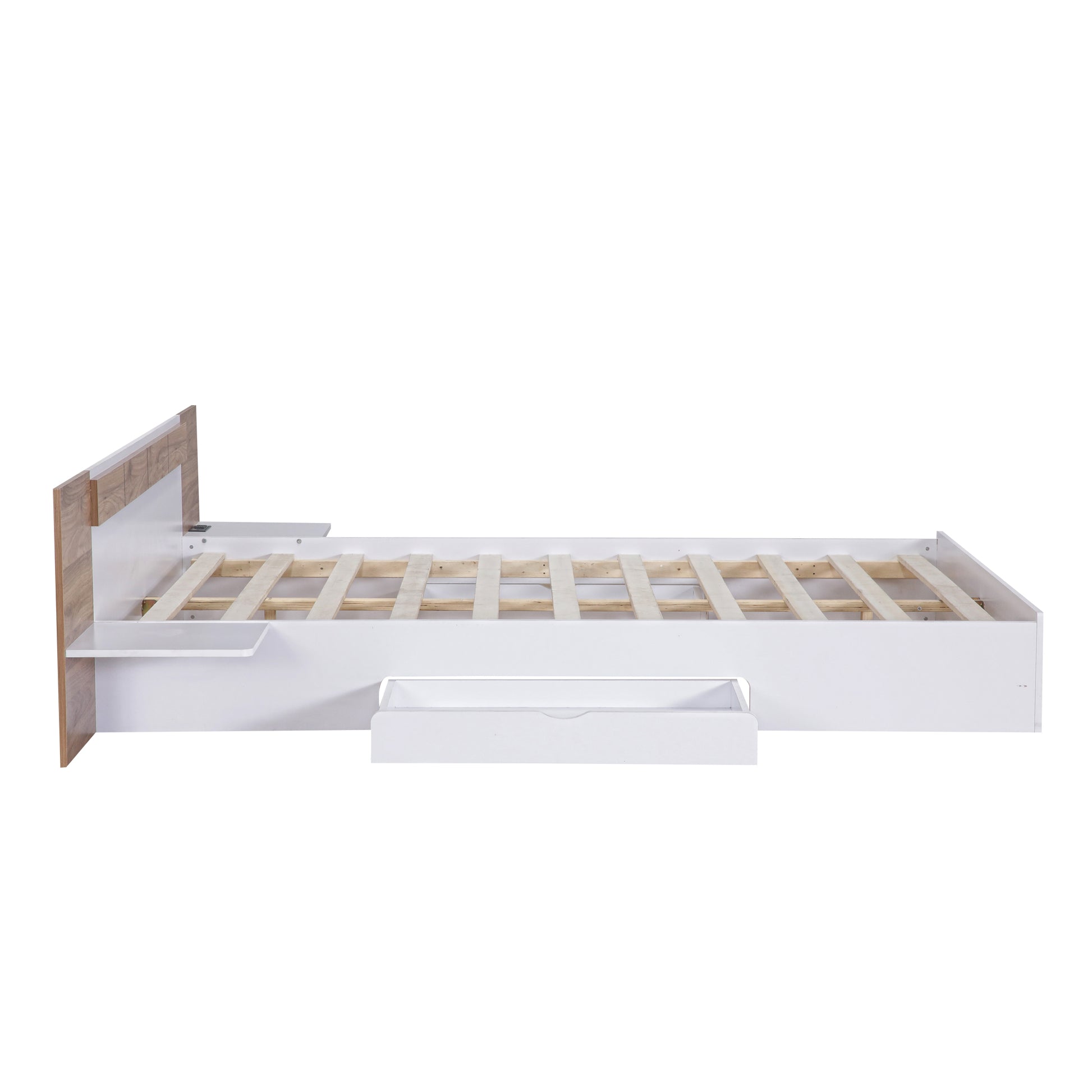 Queen Size Platform Bed With Headboard, Drawers, Shelves, Usb Ports And Sockets, White White Wood