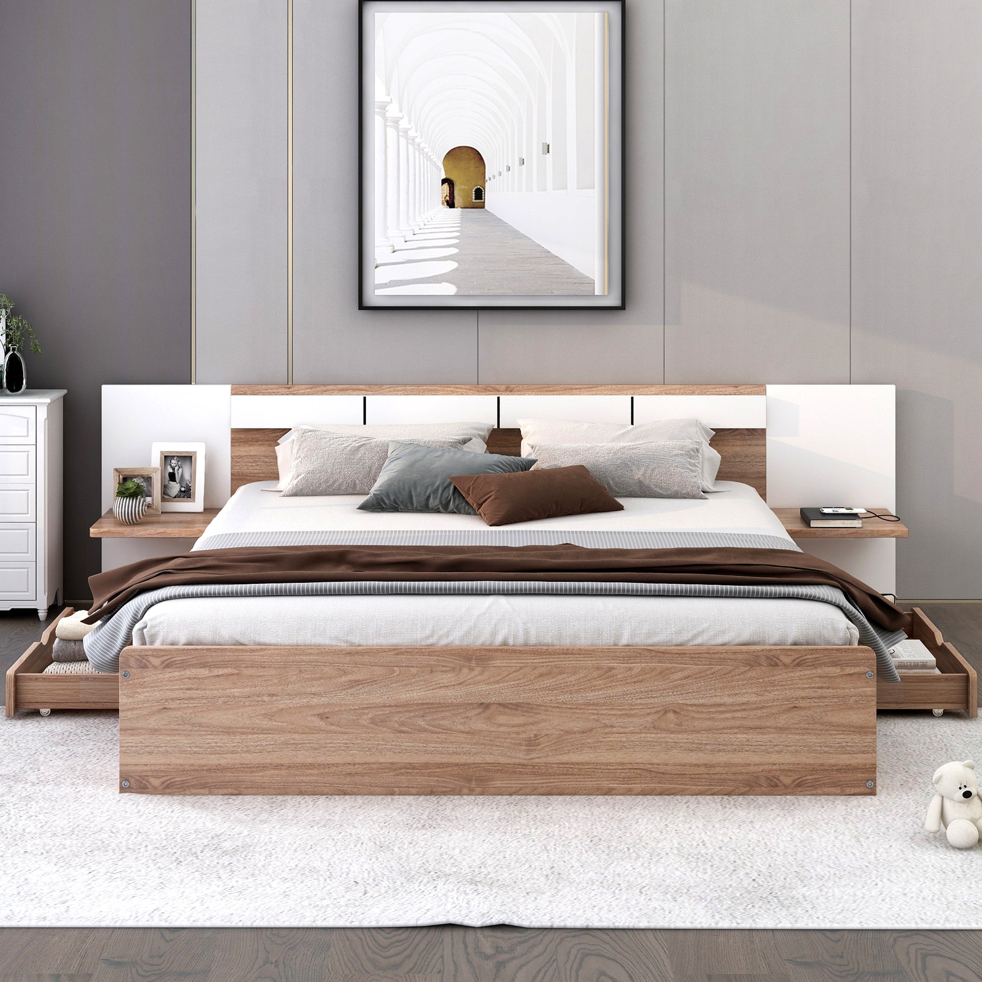 Queen Size Platform Bed With Headboard, Drawers, Shelves, Usb Ports And Sockets, Natural Natural Wood