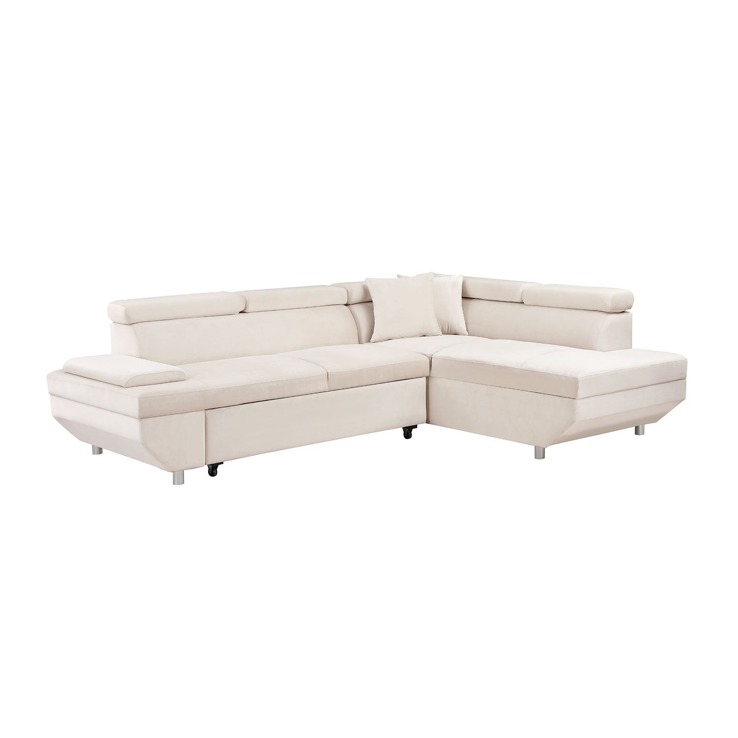 L Shape Sofa, Sleeper Sofa 2 In 1 Pull Out Couch Bed, Right Facing Pull Out Bed For Living Room, Metal Legs, Velvet Beige Beige Fabric