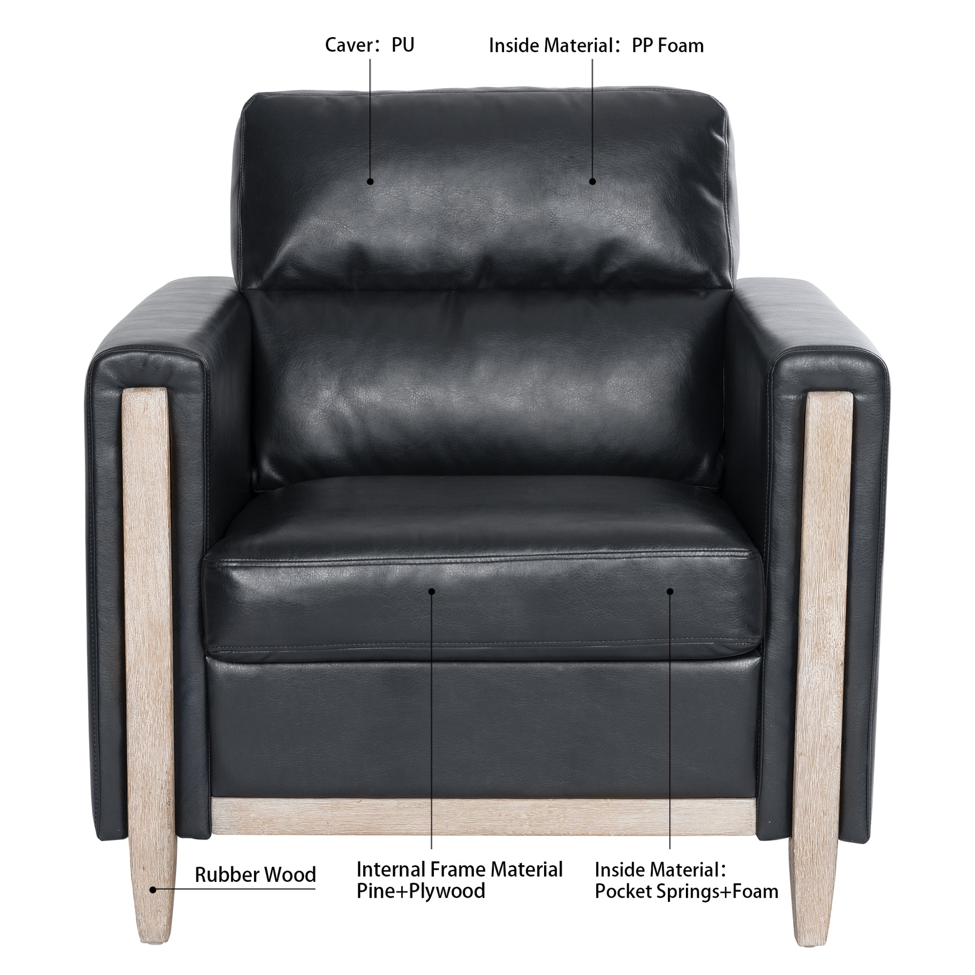 1 Seater Sofa For Living Room Black Pu Pu