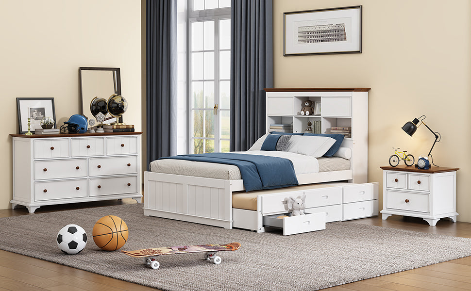 3 Pieces Wooden Captain Bedroom Set Full Bed With Trundle, Nightstand And Dresser, White Walnut White Walnut Wood