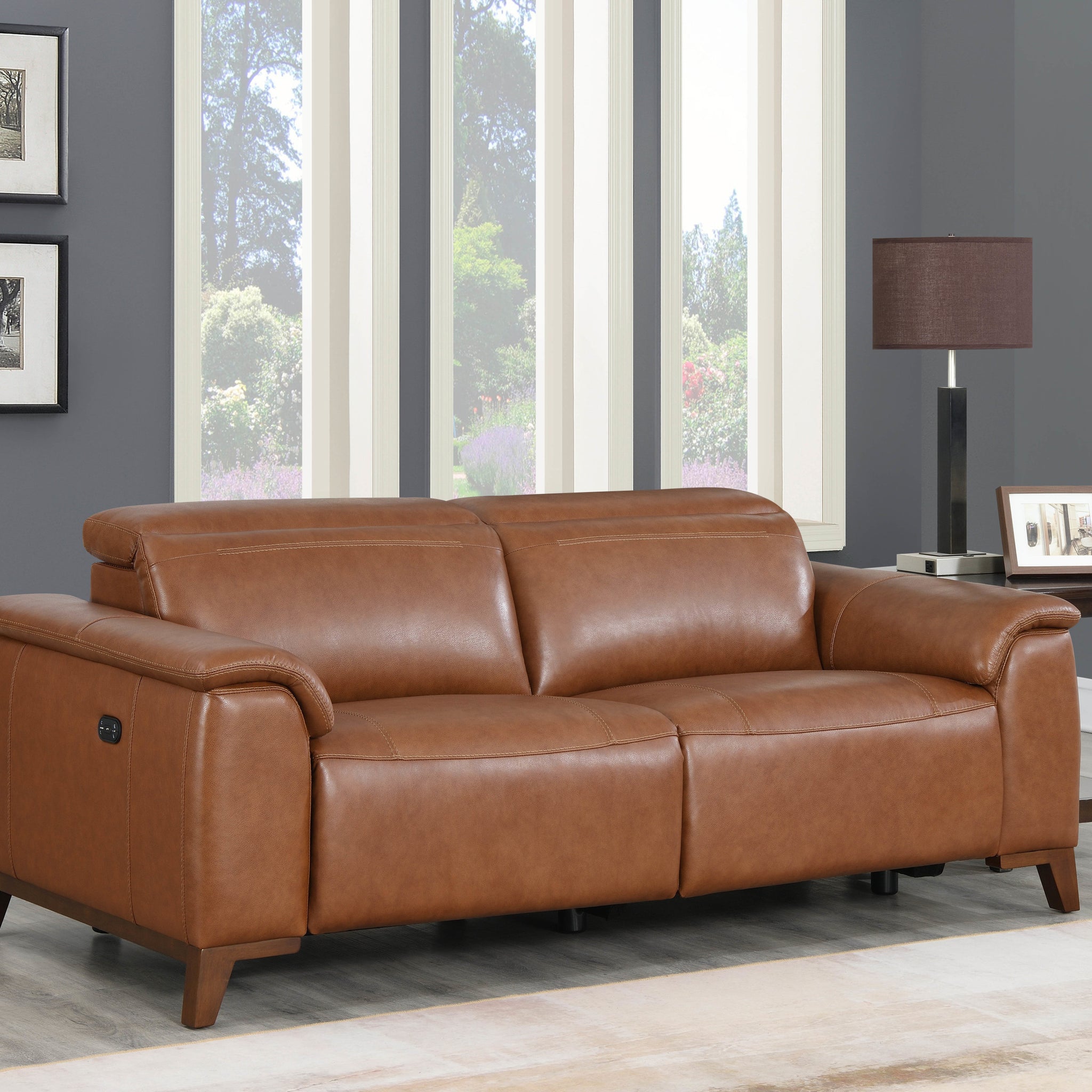 Dual Power Leather Reclining Sofa Articulating Power Headrest, Padded Armrest Coach Colored, Luxurious Comfort Brown Foam Leather 2 Seat