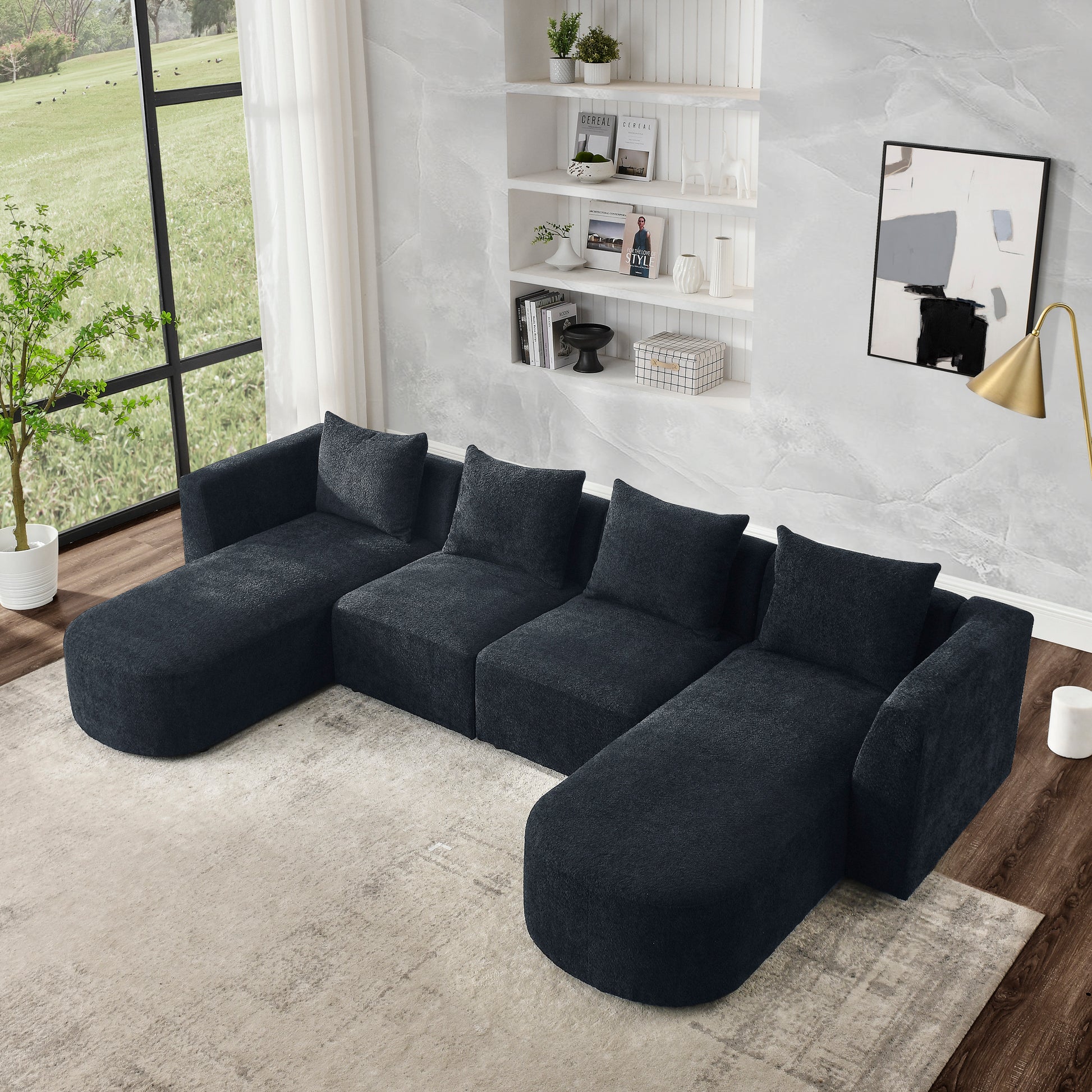 U Shape Sectional Sofa Including Two Single Seats And Two Chaises, Modular Sofa, Diy Combination, Loop Yarn Fabric, Black Black Wood Medium Soft Tight Back Eucalyptus Square Arms Polyester 5 Seat