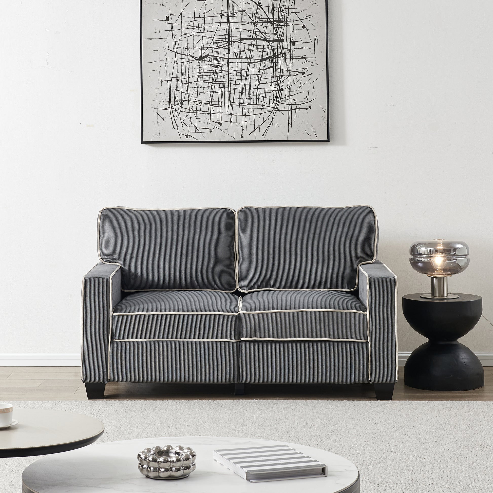 Living Room Sofa Loveseat With Storage Dark Grey Corduroy Dark Grey Foam Corduroy