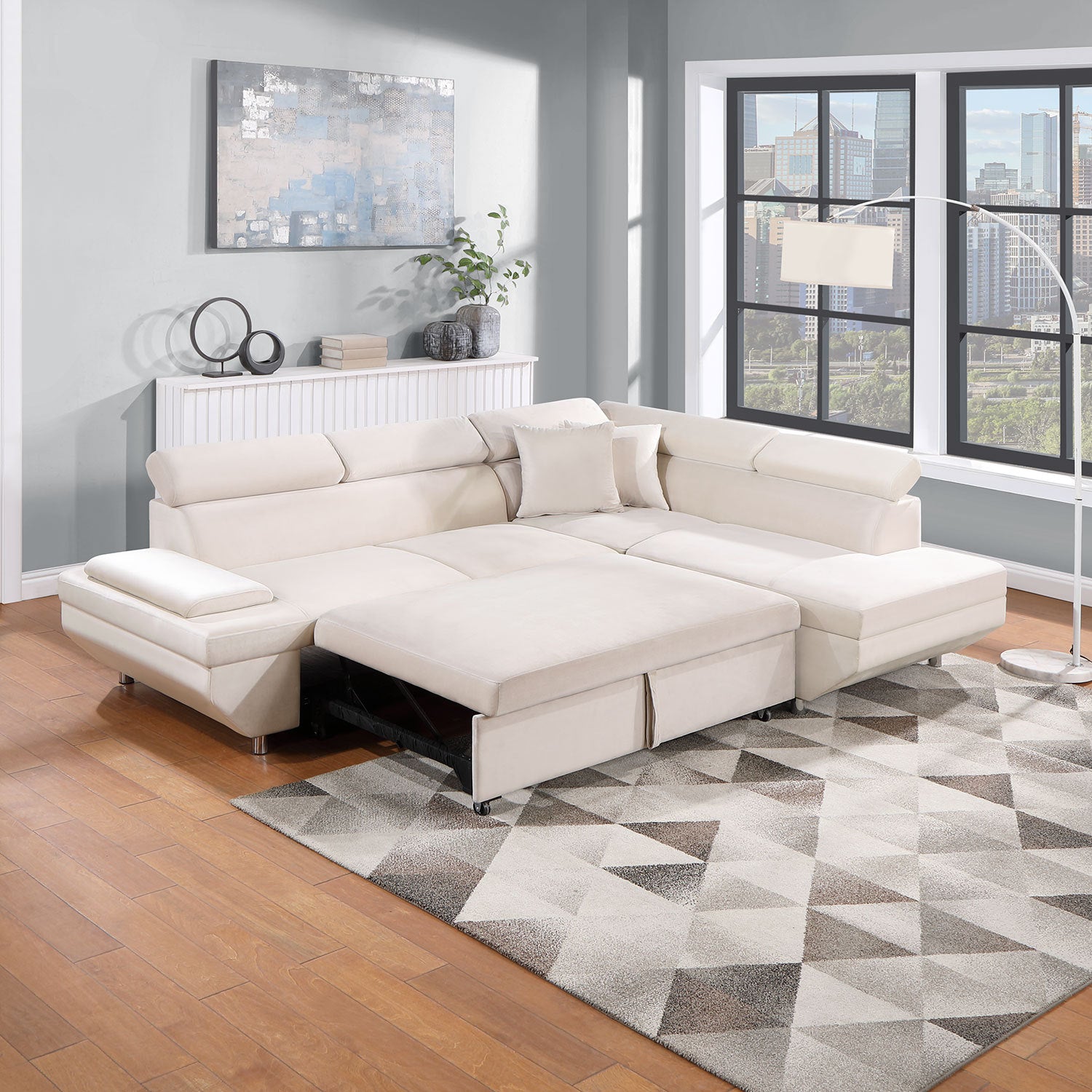 L Shape Sofa, Sleeper Sofa 2 In 1 Pull Out Couch Bed, Right Facing Pull Out Bed For Living Room, Metal Legs, Velvet Beige Beige Fabric