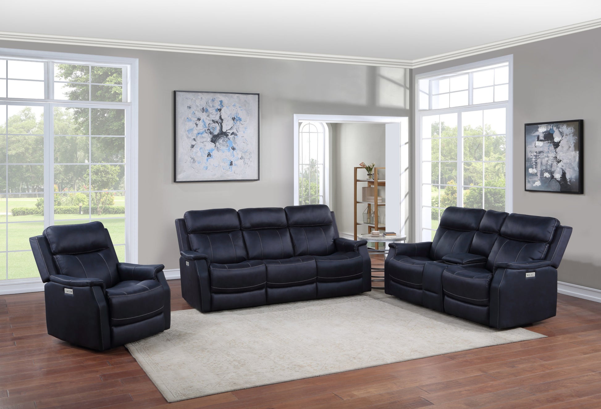 Tailored Power Console Loveseat Shaped Seats, Luxuriouscover Power Headrest, Power Footrest, Hidden Storage Dark Blue Foam Fabric