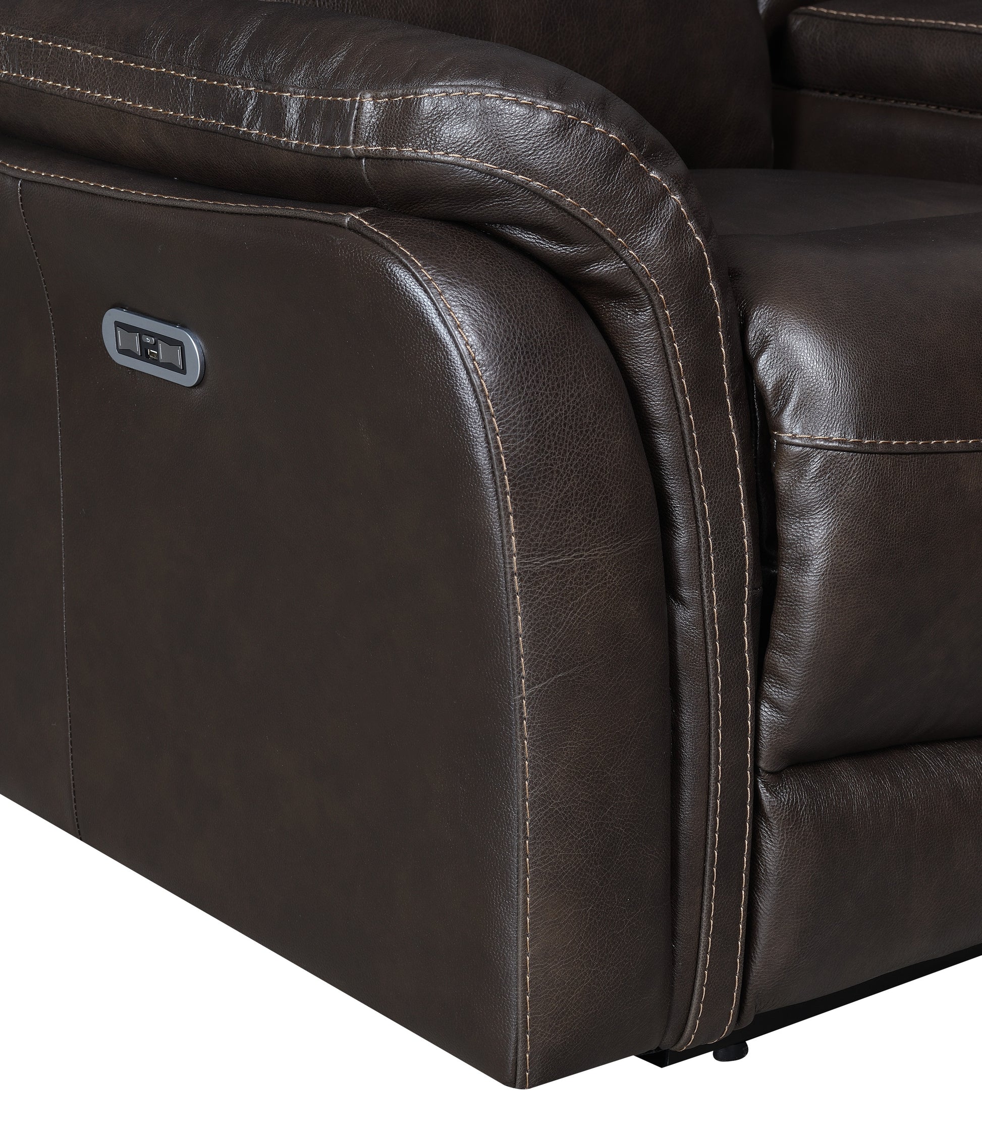 Top Grain Leather Motion Sofa In Coffee Contemporary Style, Reclining Footrests, Usb Port Coffee Foam Leather 3 Seat
