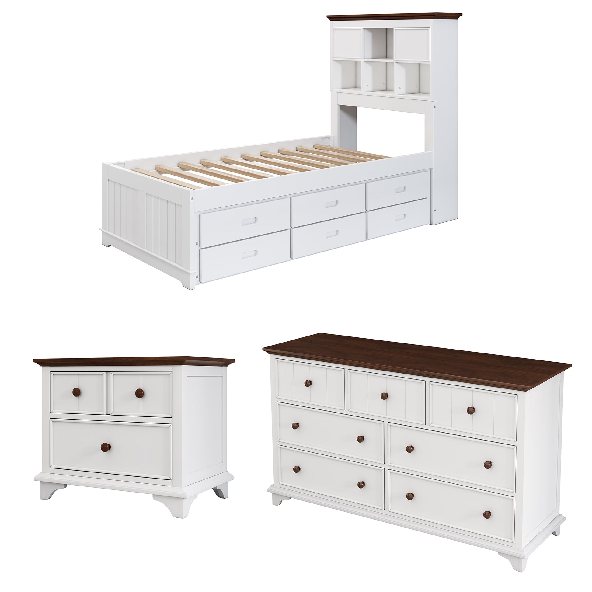 3 Pieces Wooden Captain Bedroom Set Twin Bed With Trundle, Nightstand And Dresser, White Walnut White Walnut Wood