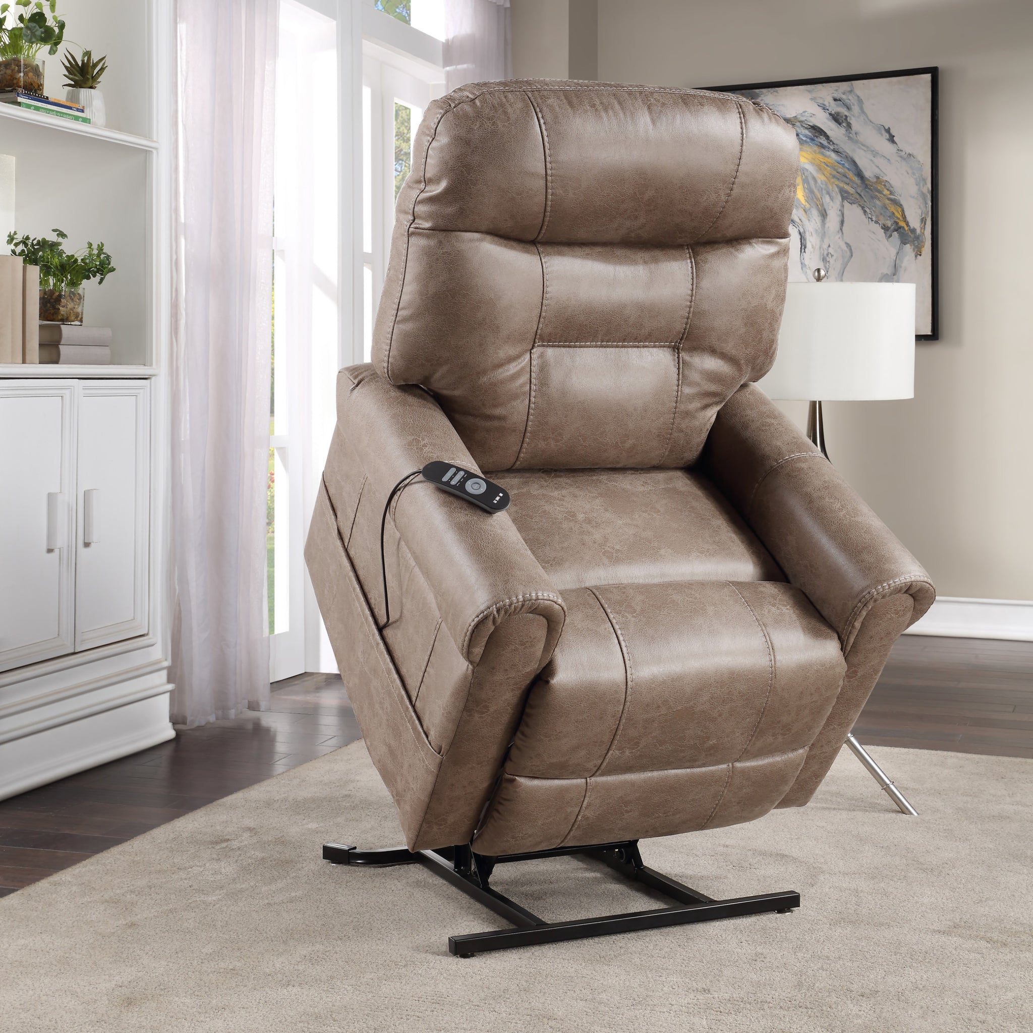 Classic Rolled Arm Power Lift Chair Recliner Heat, Adjustable Massage Plush Seating, High Grade Polyester Fabric Camel Foam Fabric