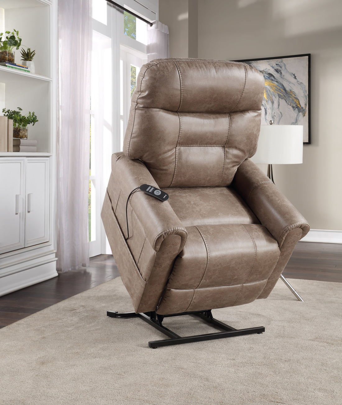 Classic Rolled Arm Power Lift Chair Recliner Heat, Adjustable Massage Plush Seating, High Grade Polyester Fabric Camel Foam Fabric