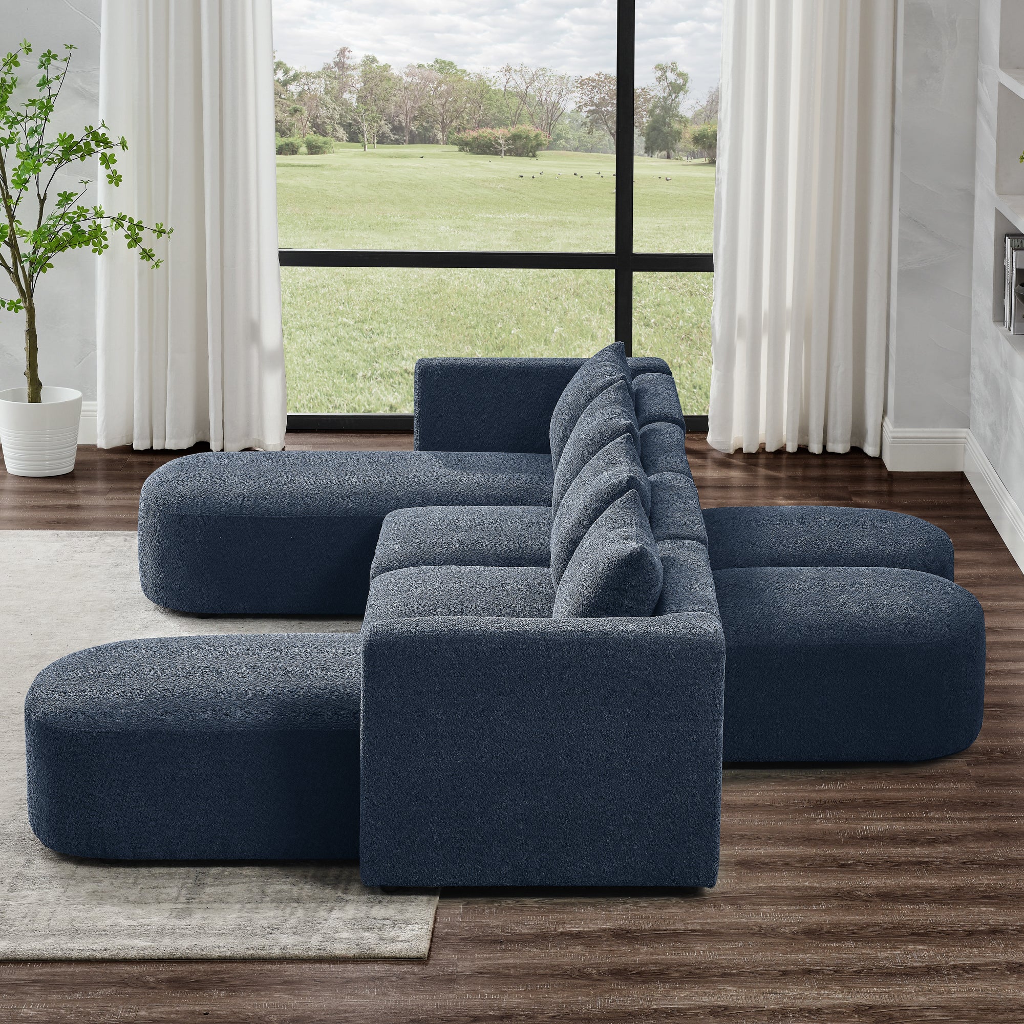 U Shape Sectional Sofa Including Two Single Seat, Two Chaises And Two Ottomans, Modular Sofa, Diy Combination, Loop Yarn Fabric, Navy Navy Polyester Wood Medium Soft Tight Back Eucalyptus Square Arms Polyester 6 Seat