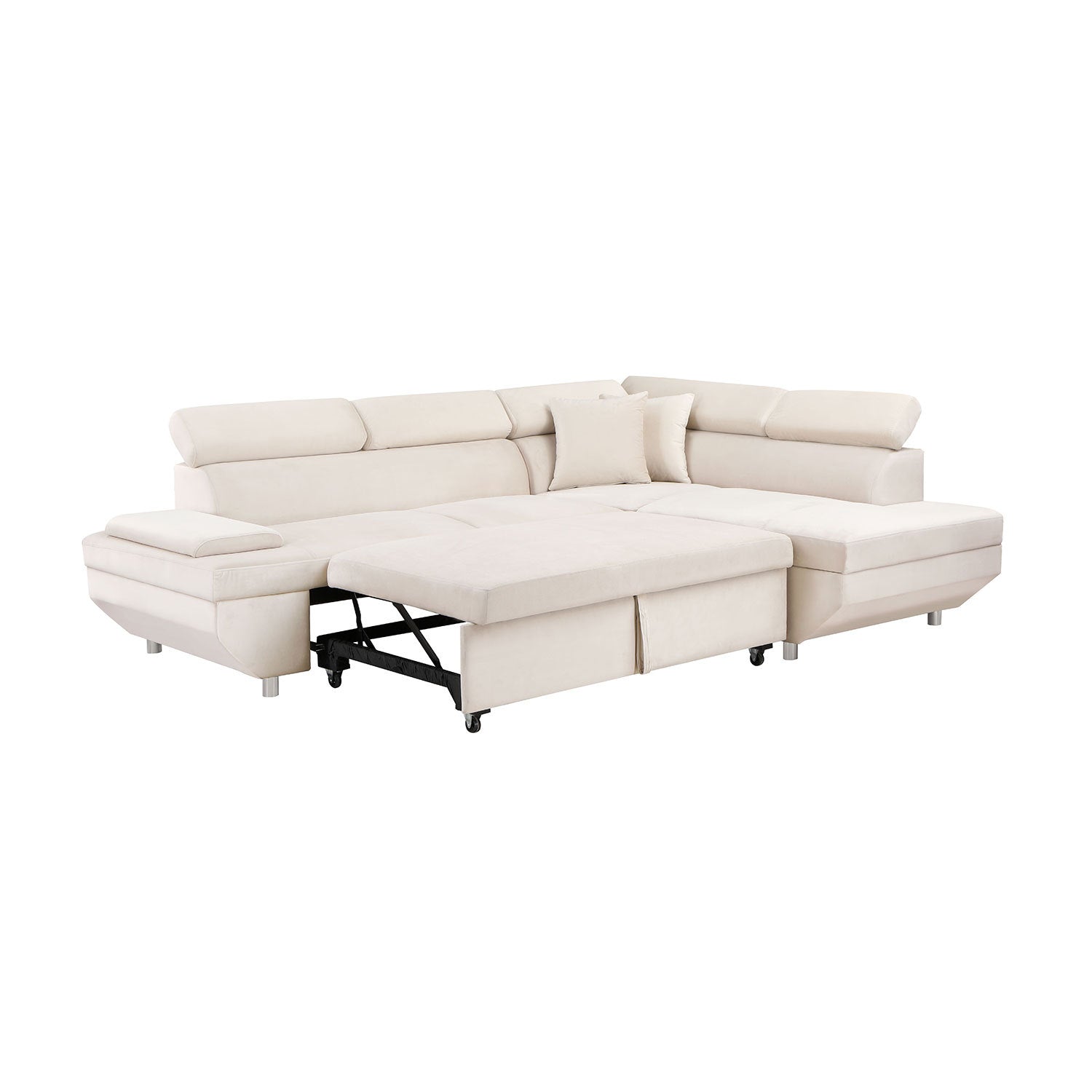 L Shape Sofa, Sleeper Sofa 2 In 1 Pull Out Couch Bed, Right Facing Pull Out Bed For Living Room, Metal Legs, Velvet Beige Beige Fabric