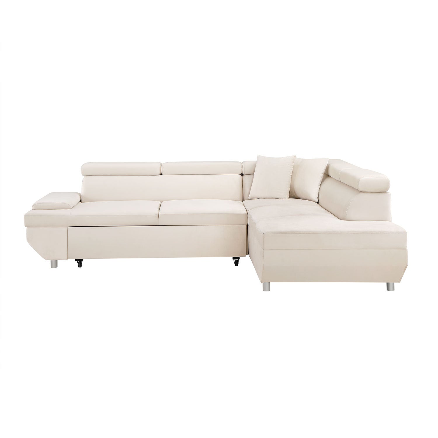 L Shape Sofa, Sleeper Sofa 2 In 1 Pull Out Couch Bed, Right Facing Pull Out Bed For Living Room, Metal Legs, Velvet Beige Beige Fabric