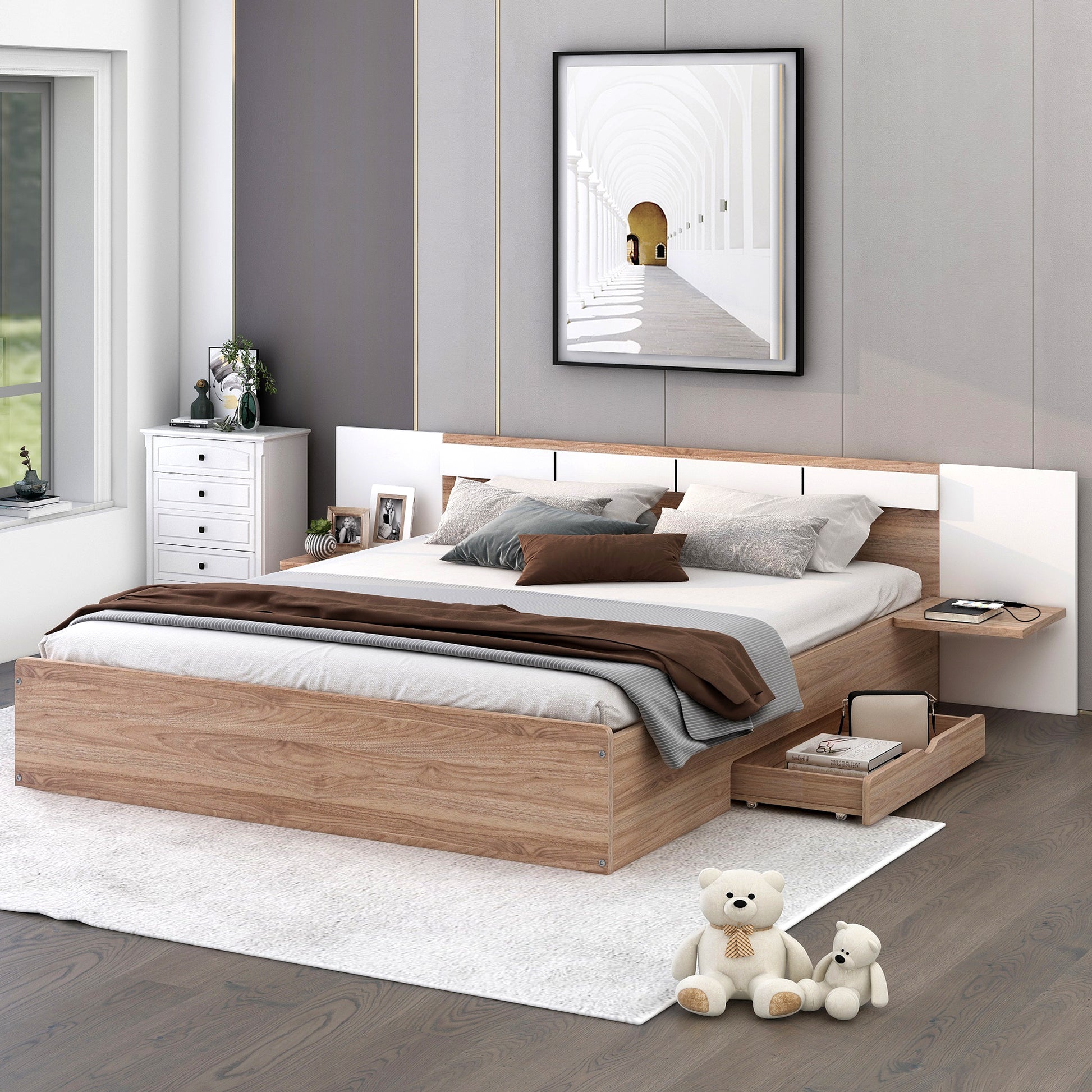 Queen Size Platform Bed With Headboard, Drawers, Shelves, Usb Ports And Sockets, Natural Natural Wood