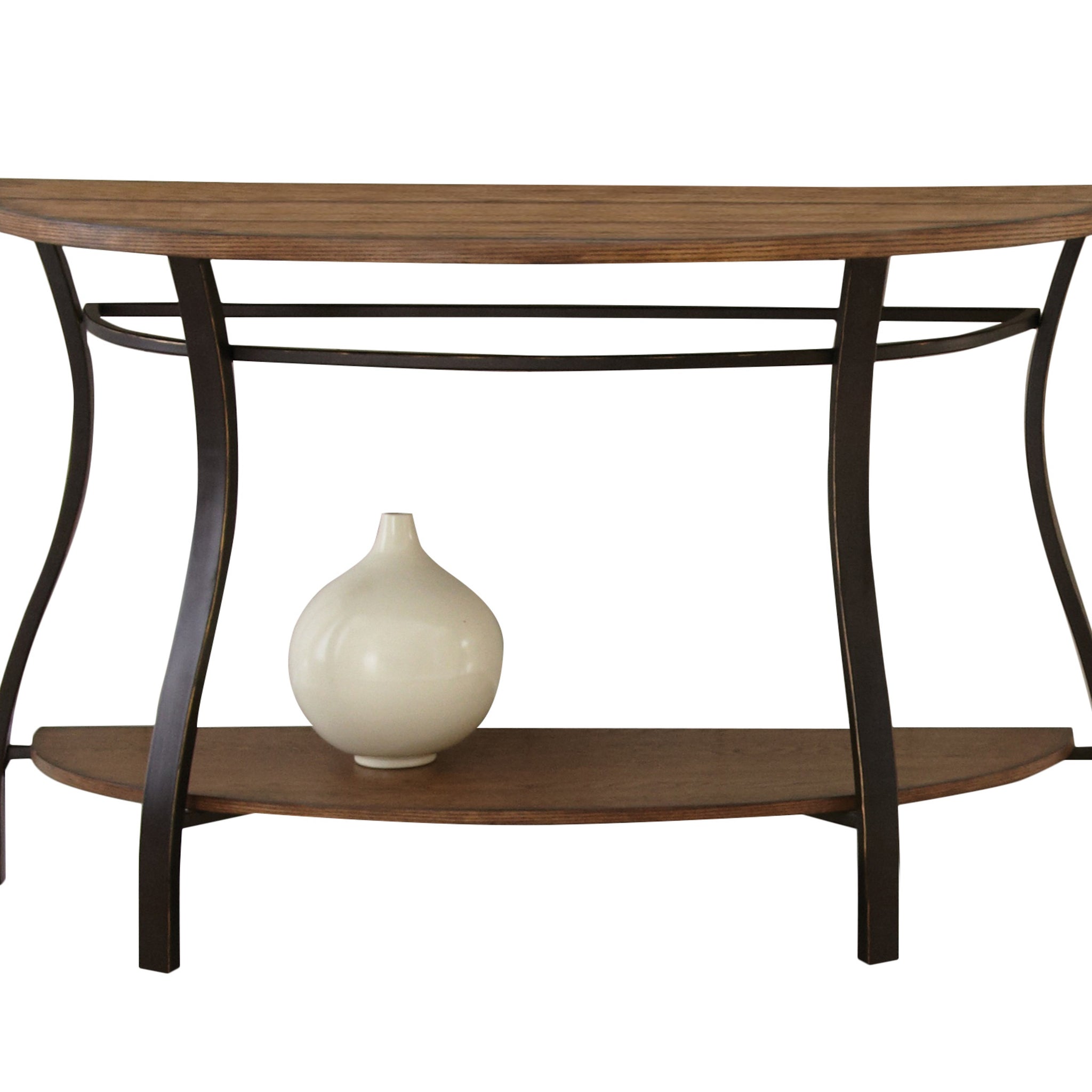 Modern Curves Sofa Table Barn Board Look Wood Top, Oak Finish Charming Addition To Your Living Room Oak Metal