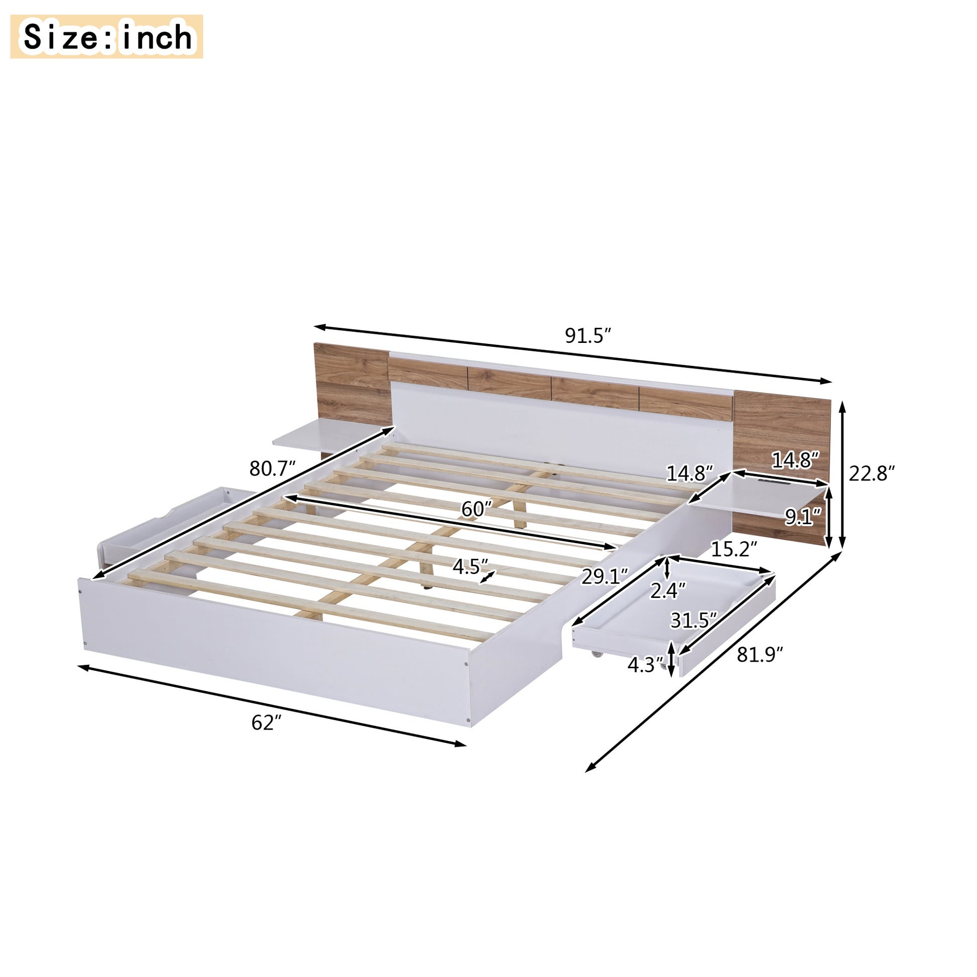 Queen Size Platform Bed With Headboard, Drawers, Shelves, Usb Ports And Sockets, White White Wood