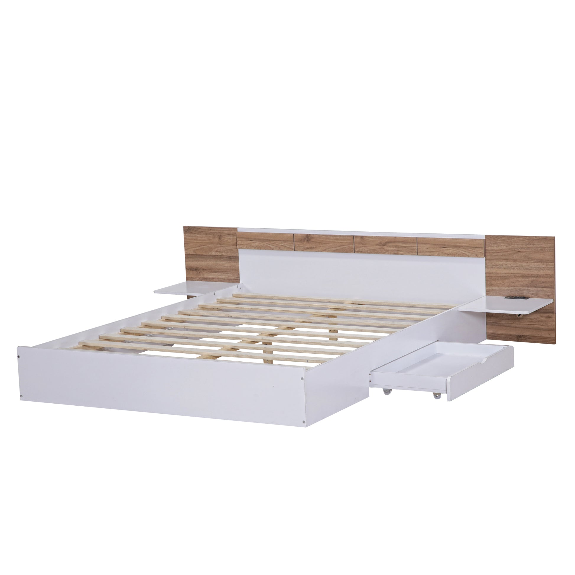 Queen Size Platform Bed With Headboard, Drawers, Shelves, Usb Ports And Sockets, White White Wood