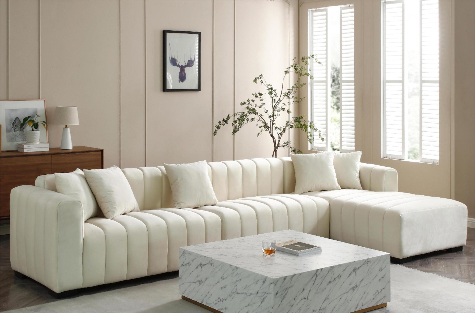 L Shape Sectional Sofa With Deep Tufted Velvet Upholstered Right Chaise Modular Sofa Beige Beige Fabric