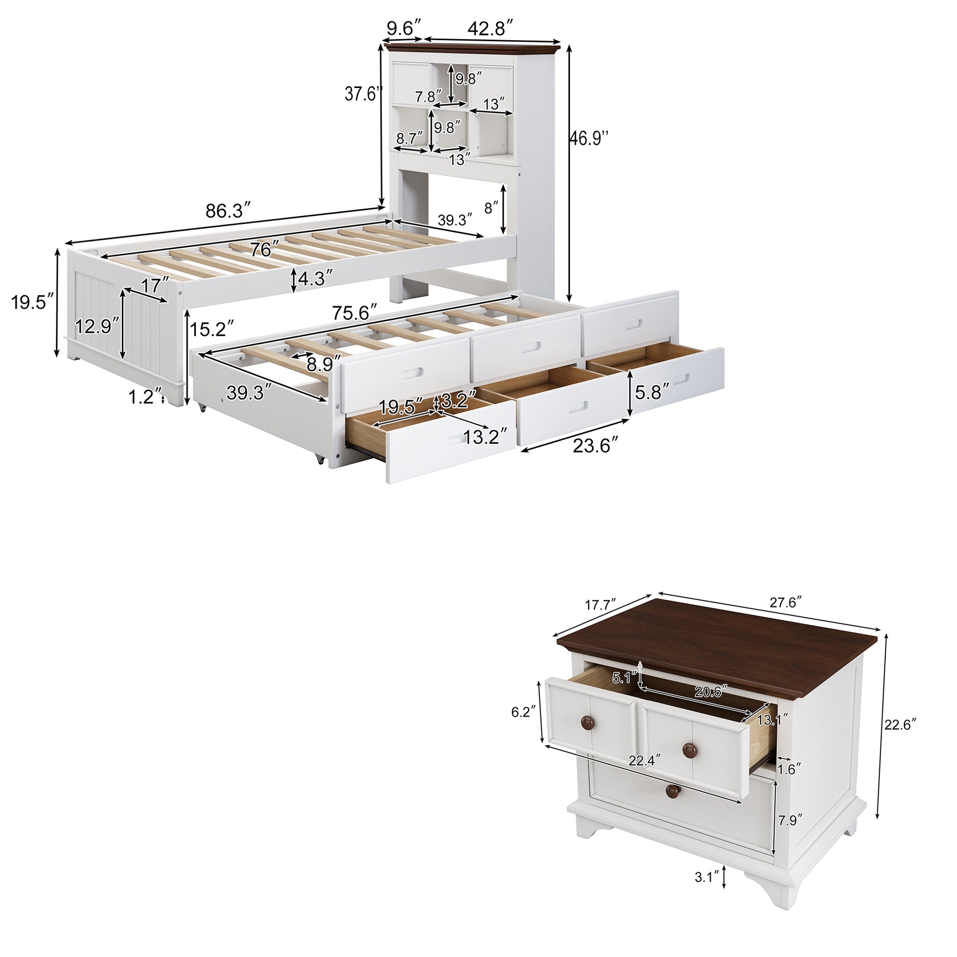 2 Pieces Wooden Captain Bedroom Set Twin Bed With Trundle And Nightstand,White Walnut White Walnut Wood