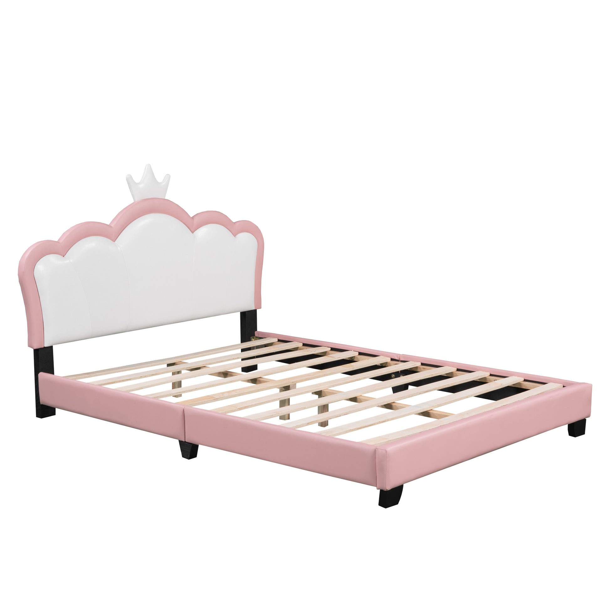 Full Size Upholstered Princess Bed With Crown Headboard,Full Size Platform Bed With Headboard And Footboard,White Pink Pink Pu