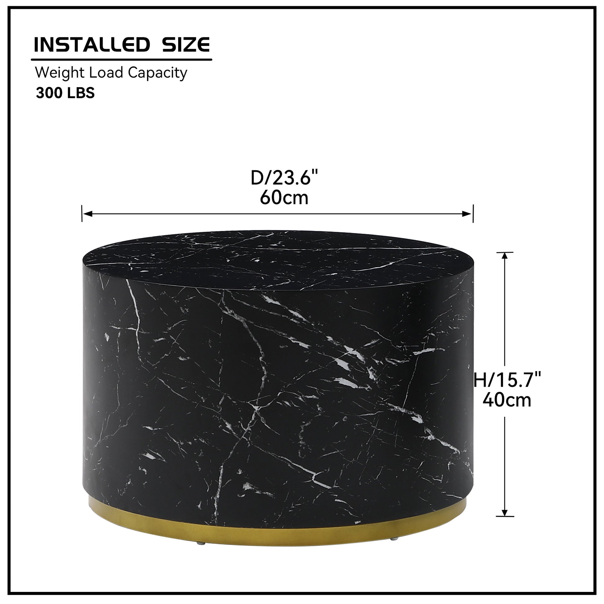 Black Marble Pattern Cocktail Table Mdf With Gold Metal Base 23.62Inch Black Mdf