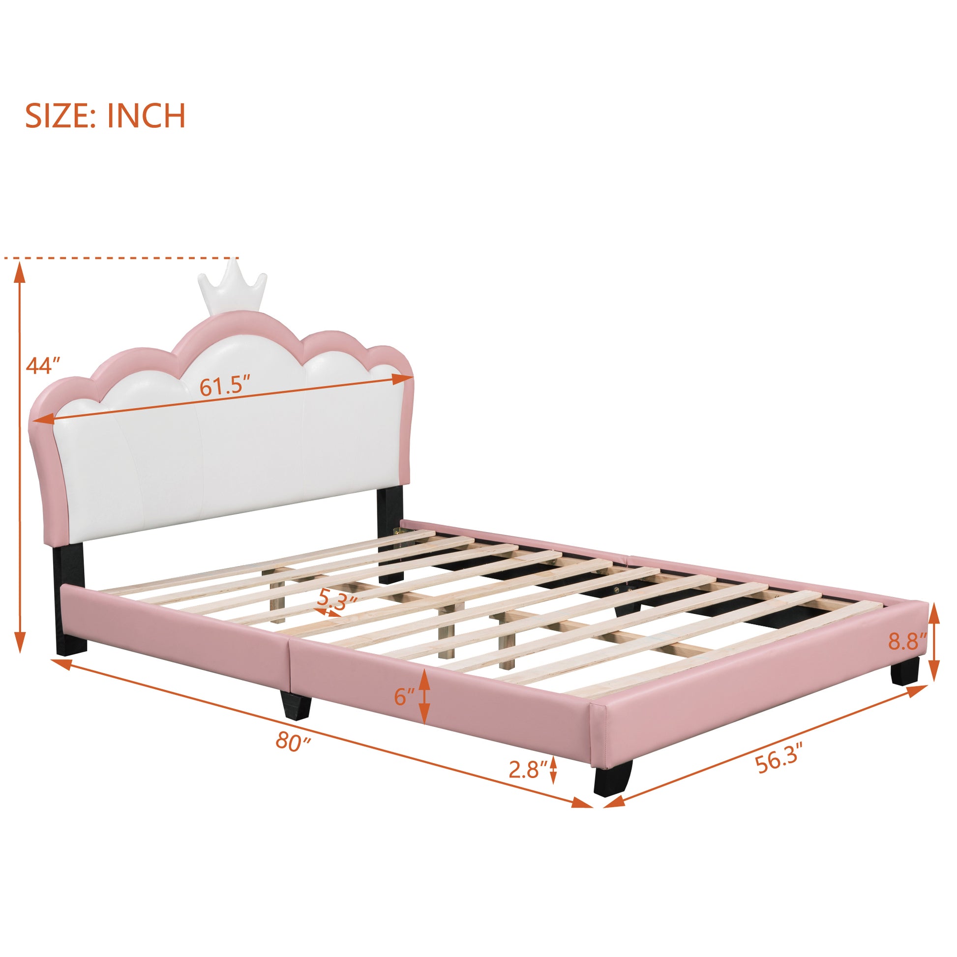 Full Size Upholstered Princess Bed With Crown Headboard,Full Size Platform Bed With Headboard And Footboard,White Pink Pink Pu