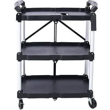 3 Layers Folding Collapsible Service Cart Pack N Roll Folding Collapsible Service Cart, Black, 50 Lb. Load Capacity Per Shelf Black And Silver Iron Plastic