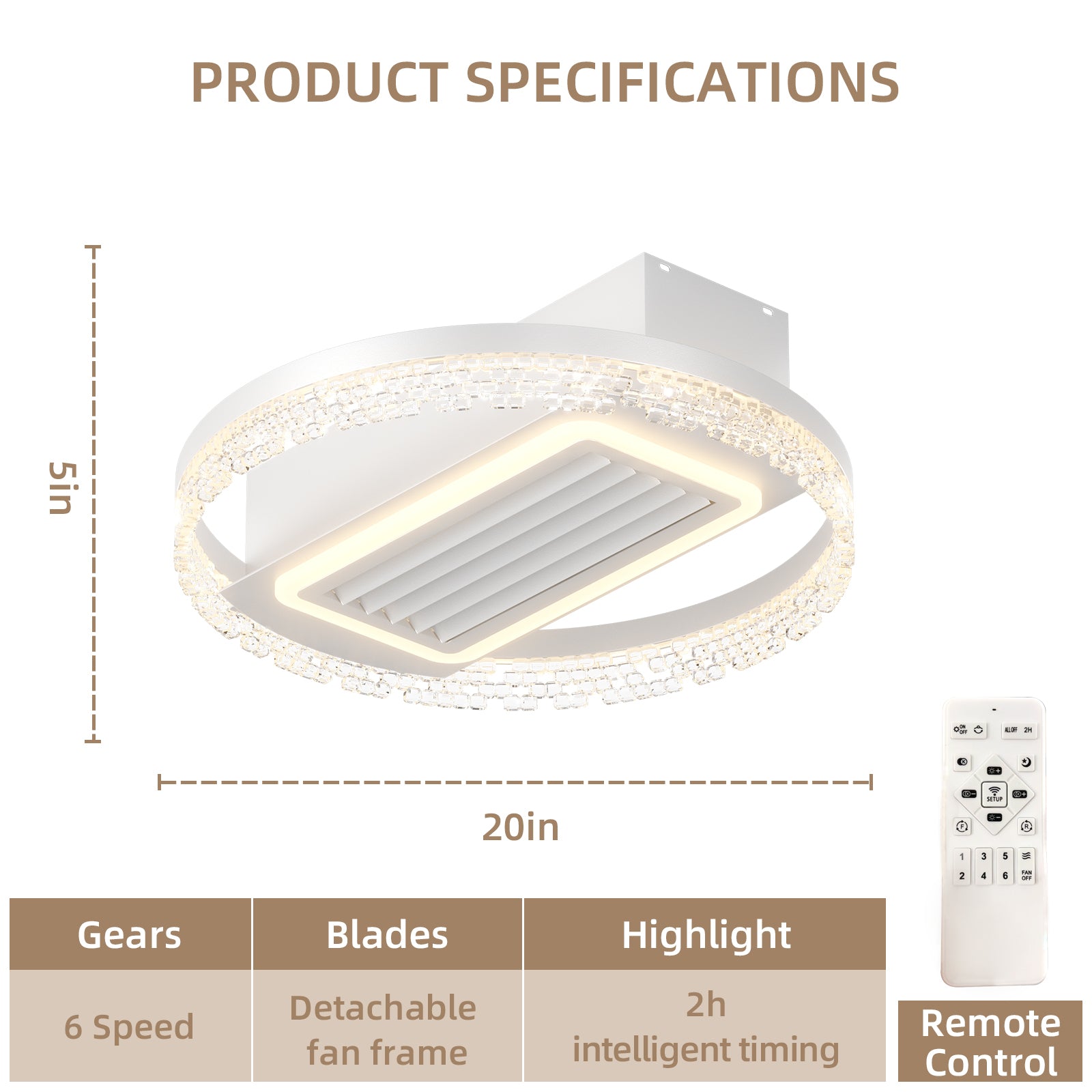 20Inch Modern Leafless Ceiling Fan With Remote Control Removable And Washable, Reversible Motor White Modern Iron