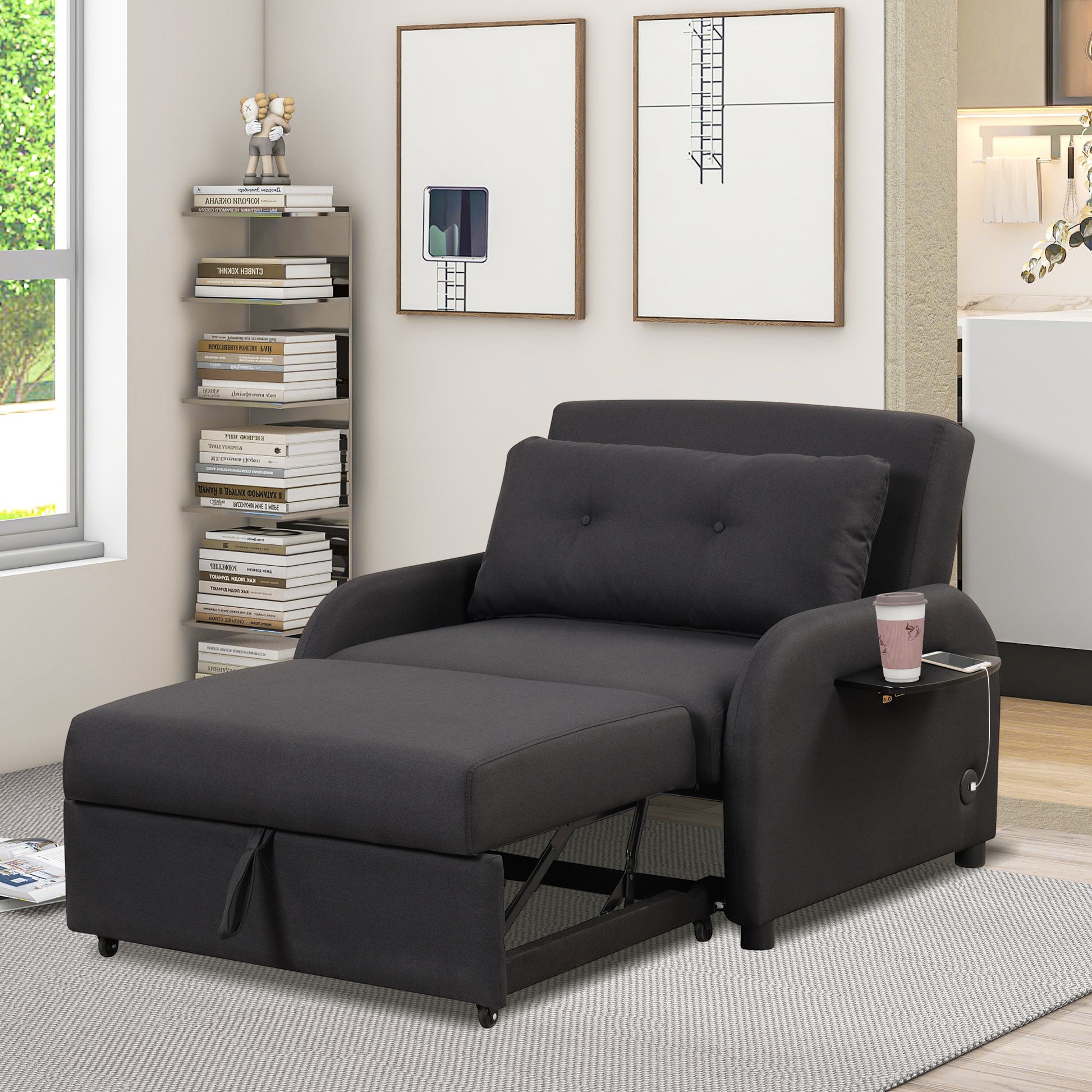 Pull Out Sofa Sleeper 3 In 1 With 2 Wing Table And Usb Charge For Nap Line Fabric For Living Room Recreation Room Black Black Foam Linen