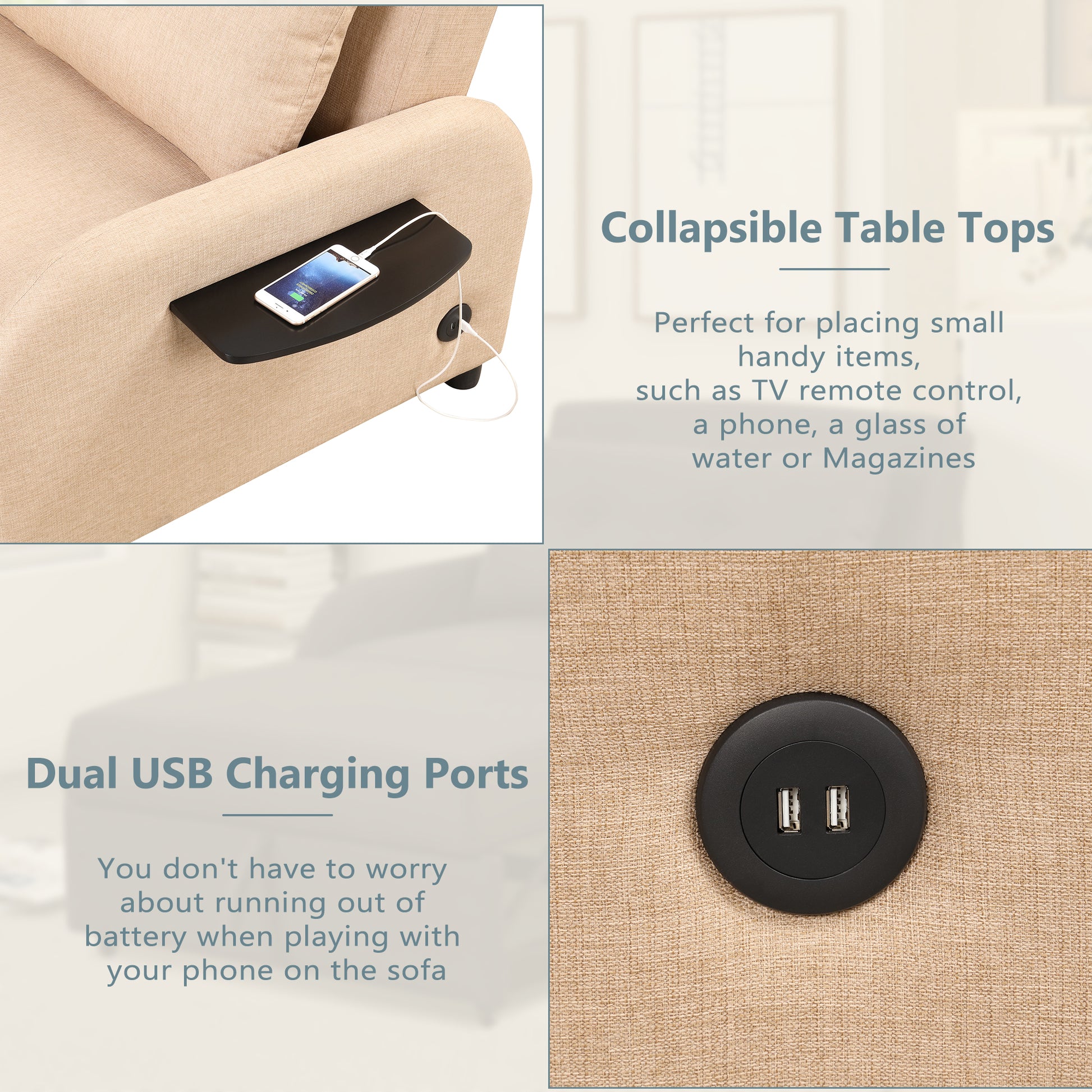 Pull Out Sofa Sleeper 3 In 1 With 2 Wing Table And Usb Charge For Nap Line Fabric For Living Room Recreation Room Beige Beige Foam Linen