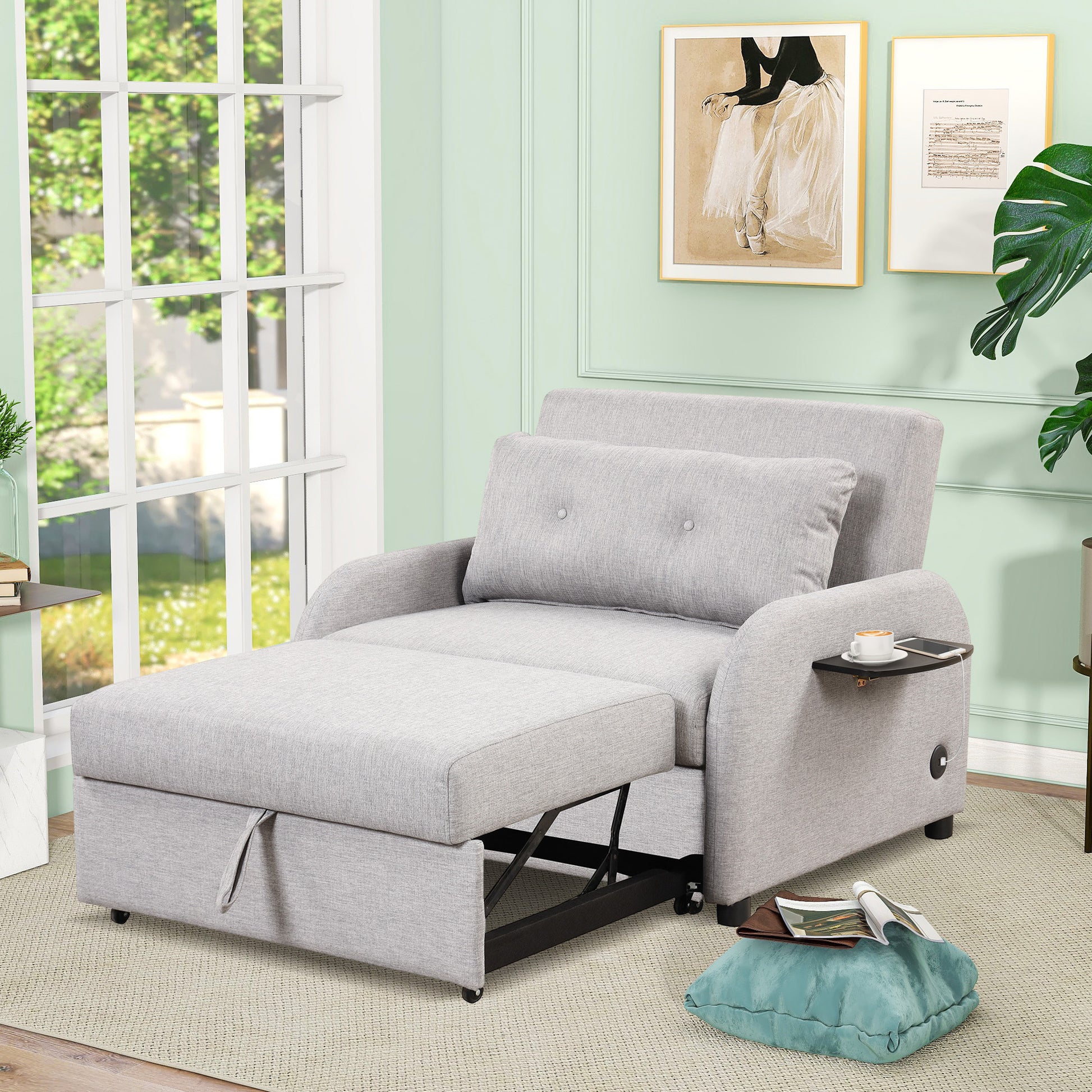 Pull Out Sofa Sleeper 3 In 1 With 2 Wing Table And Usb Charge For Nap Line Fabric For Living Room Recreation Room Grey Gray Foam Linen
