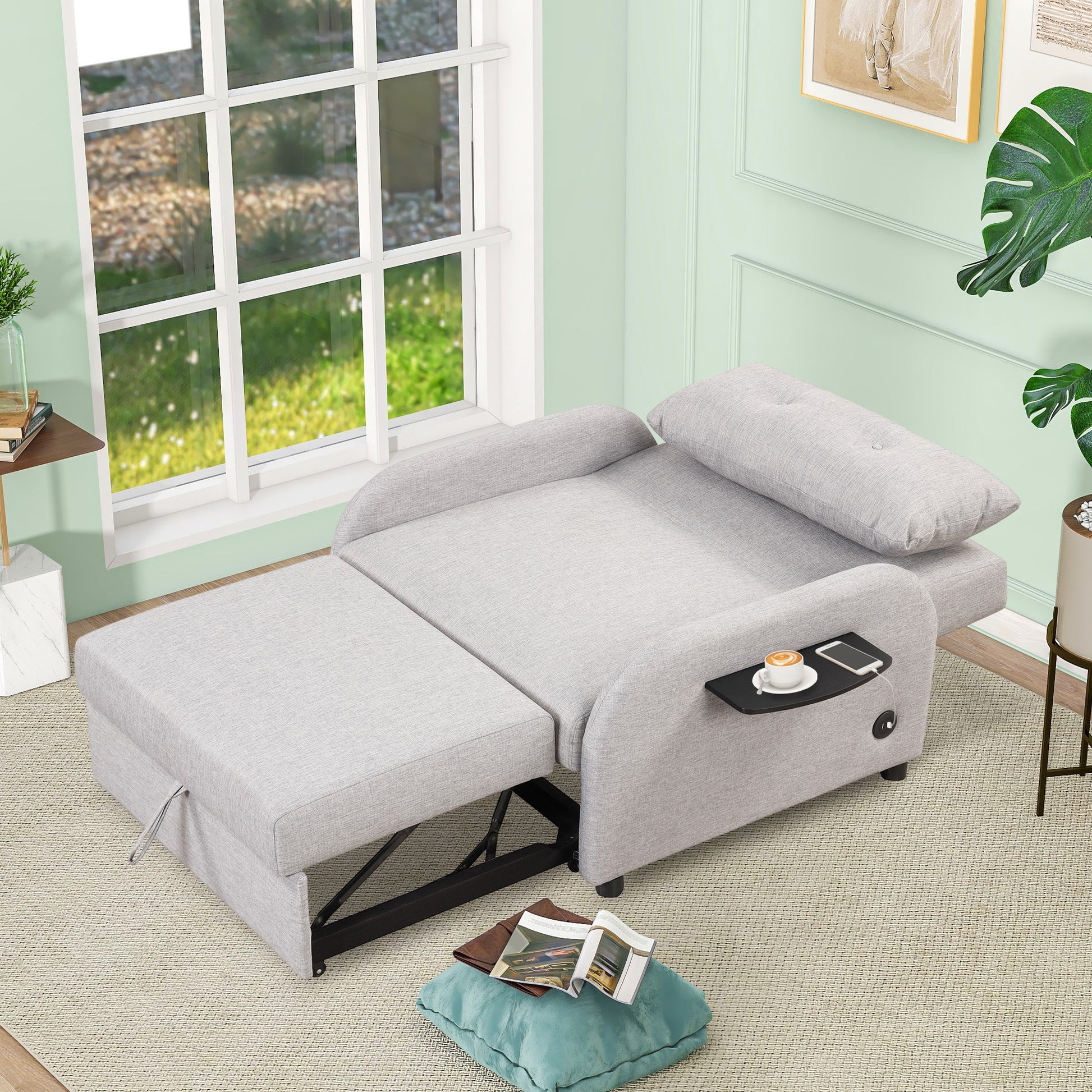 Pull Out Sofa Sleeper 3 In 1 With 2 Wing Table And Usb Charge For Nap Line Fabric For Living Room Recreation Room Grey Gray Foam Linen