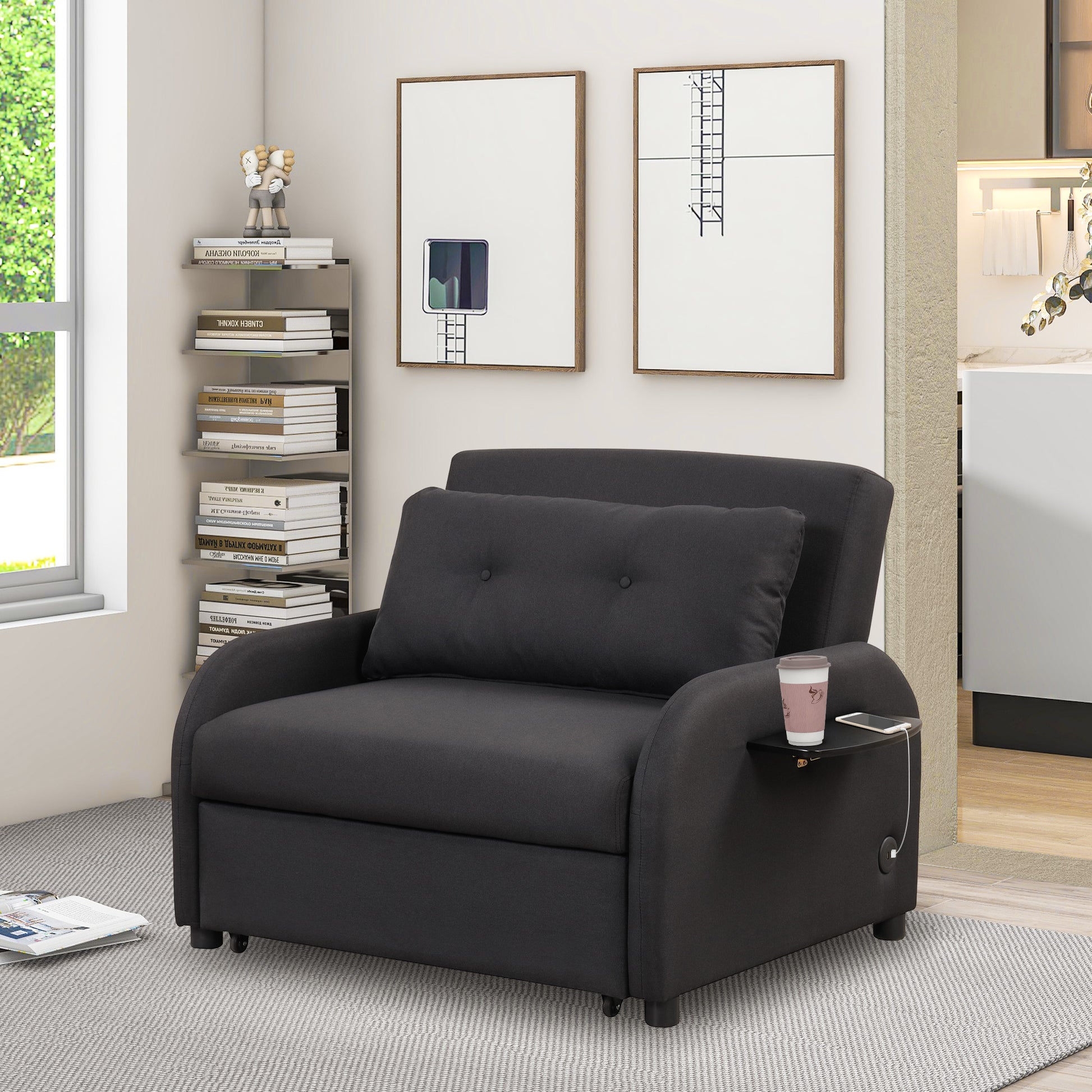 Pull Out Sofa Sleeper 3 In 1 With 2 Wing Table And Usb Charge For Nap Line Fabric For Living Room Recreation Room Black Black Foam Linen
