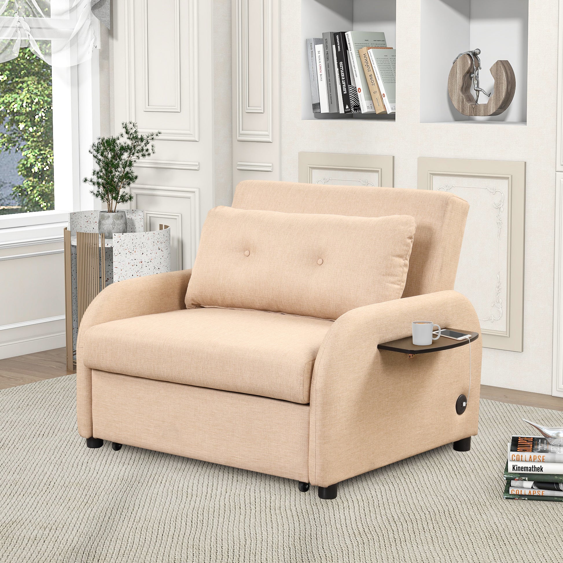 Pull Out Sofa Sleeper 3 In 1 With 2 Wing Table And Usb Charge For Nap Line Fabric For Living Room Recreation Room Beige Beige Foam Linen