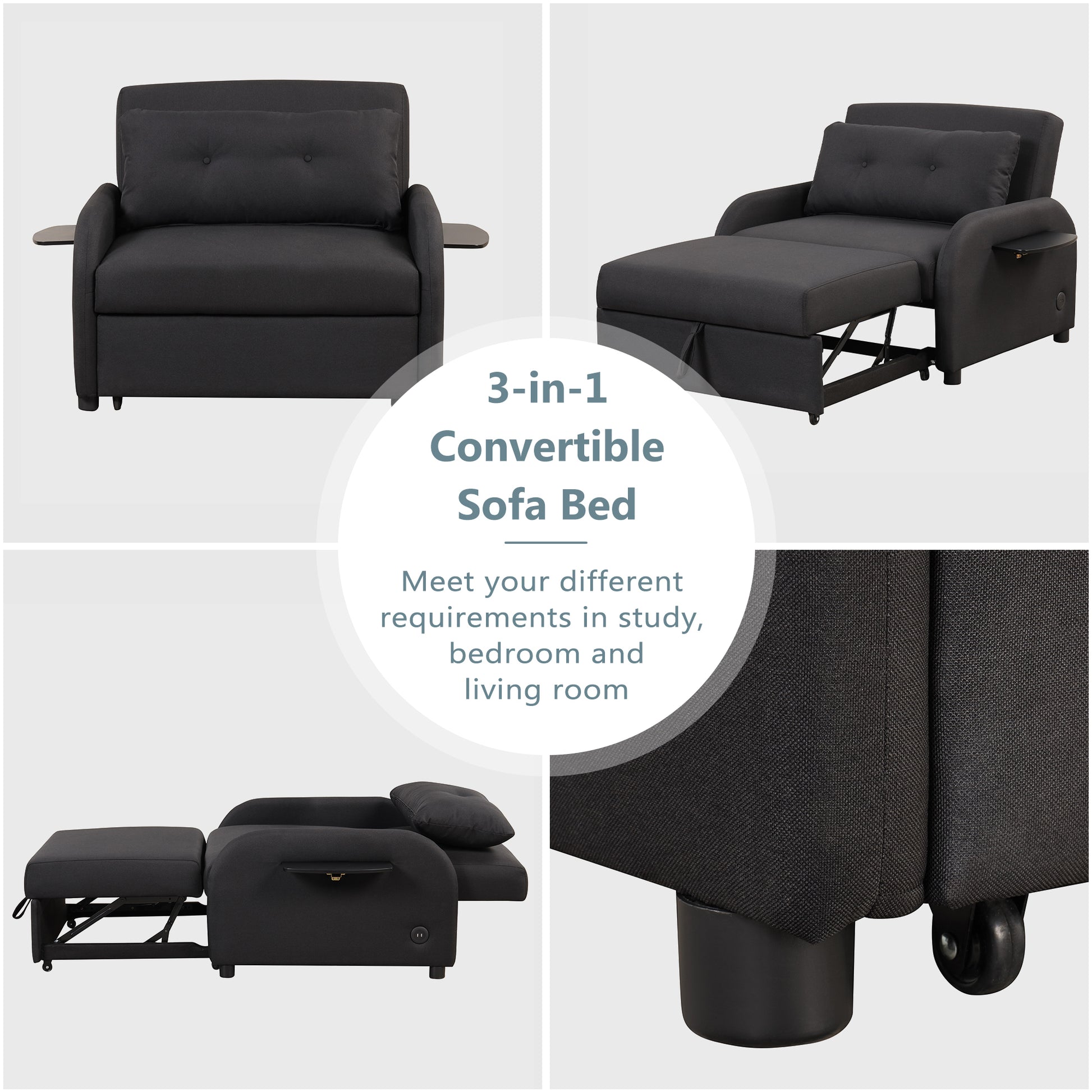 Pull Out Sofa Sleeper 3 In 1 With 2 Wing Table And Usb Charge For Nap Line Fabric For Living Room Recreation Room Black Black Foam Linen