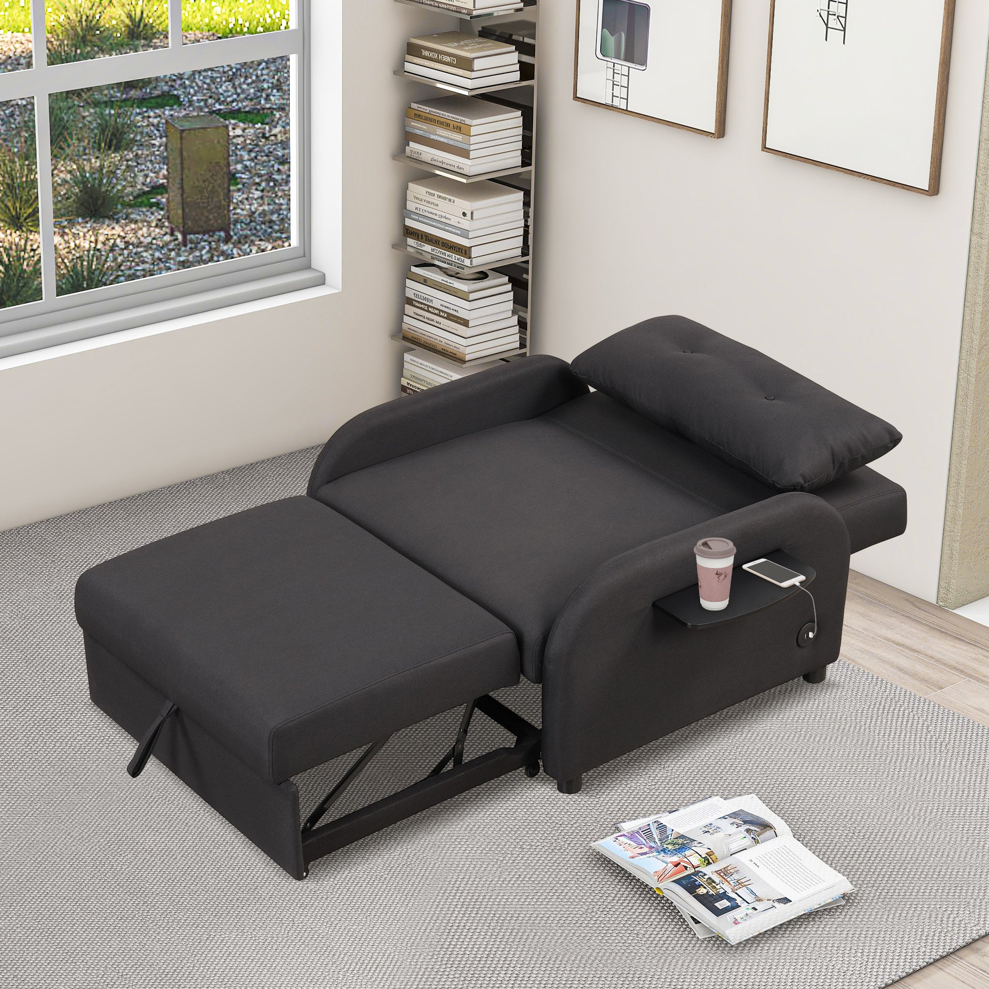 Pull Out Sofa Sleeper 3 In 1 With 2 Wing Table And Usb Charge For Nap Line Fabric For Living Room Recreation Room Black Black Foam Linen