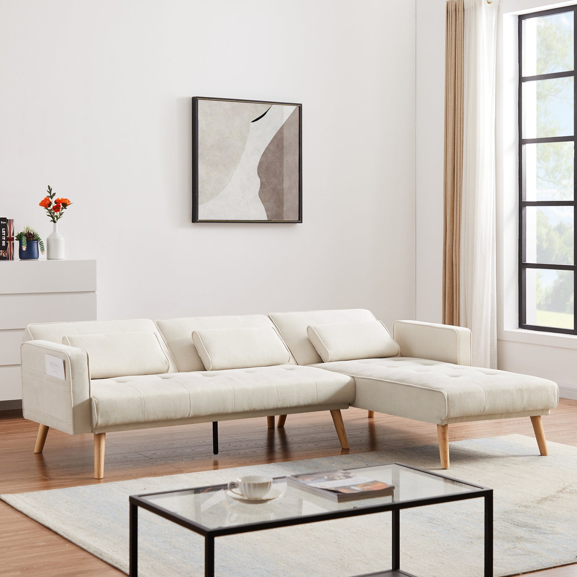 Convertible Sectional Sofa Sleeper, Right Facing L Shaped Sofa Counch For Living Room Chaise Ivory Foam Fabric