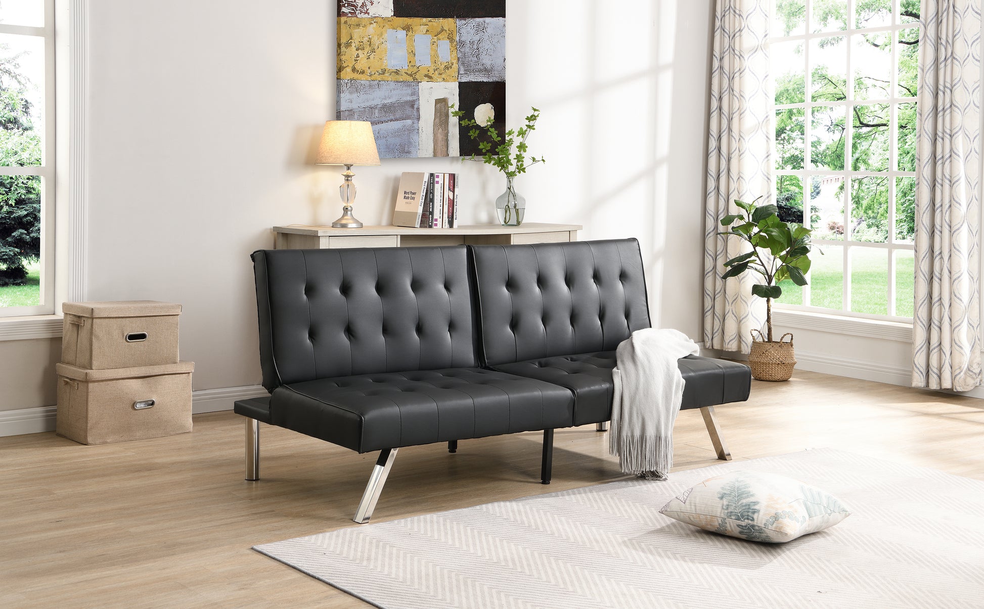 Sofa Bed Black Pvc Black Leather
